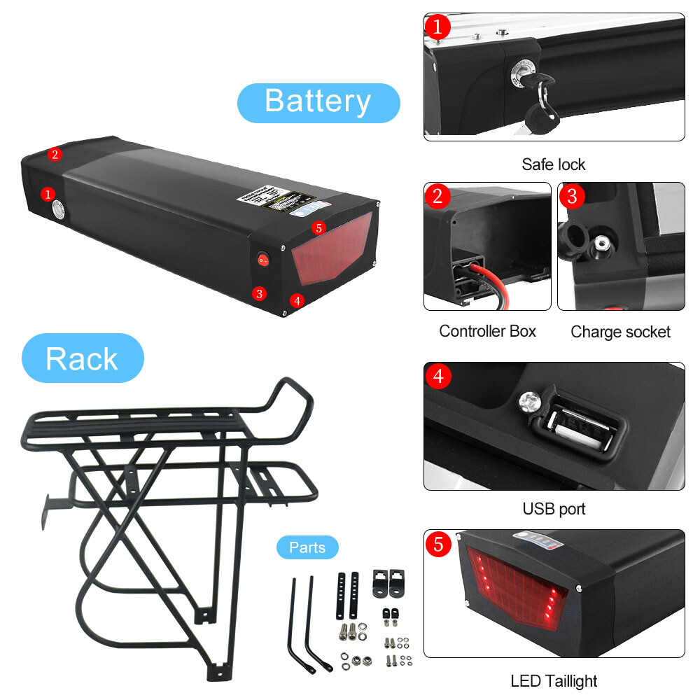 Rack Ebike Battery 36V 48V 52V 72V Battery for 0-3000W Motor with Tail Light