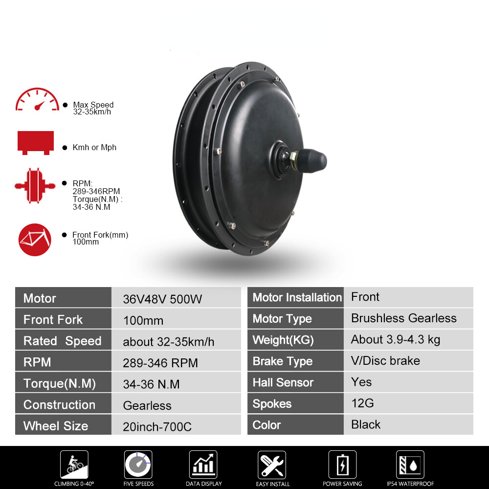Electric Bike 36V 48V 500W Brushless DC Wheel Hub Motor Rotate Front Rear Motor