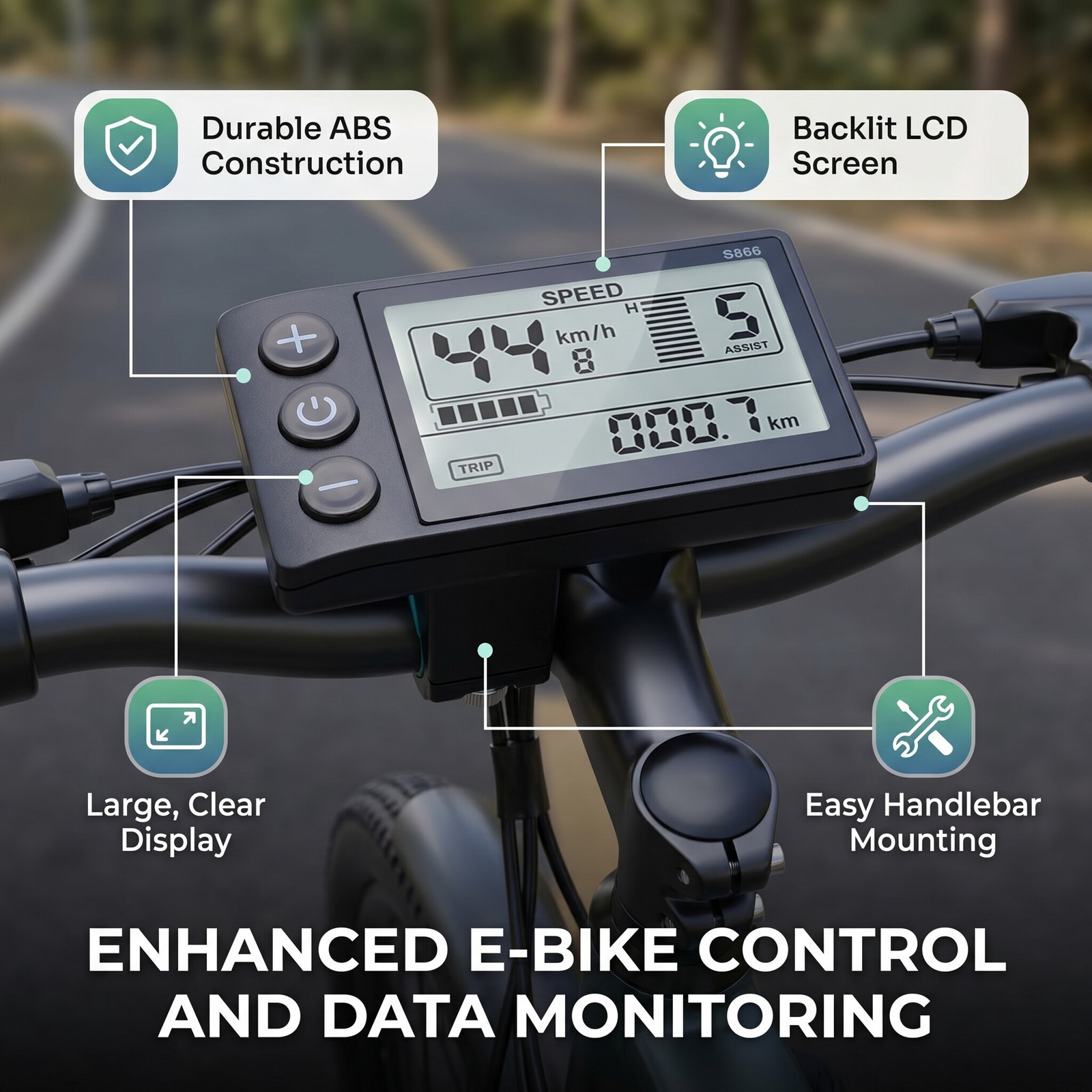 S866 LCD Display Multi-Voltage Compatible Large LCD Screen E-Bike Speedometer Mo