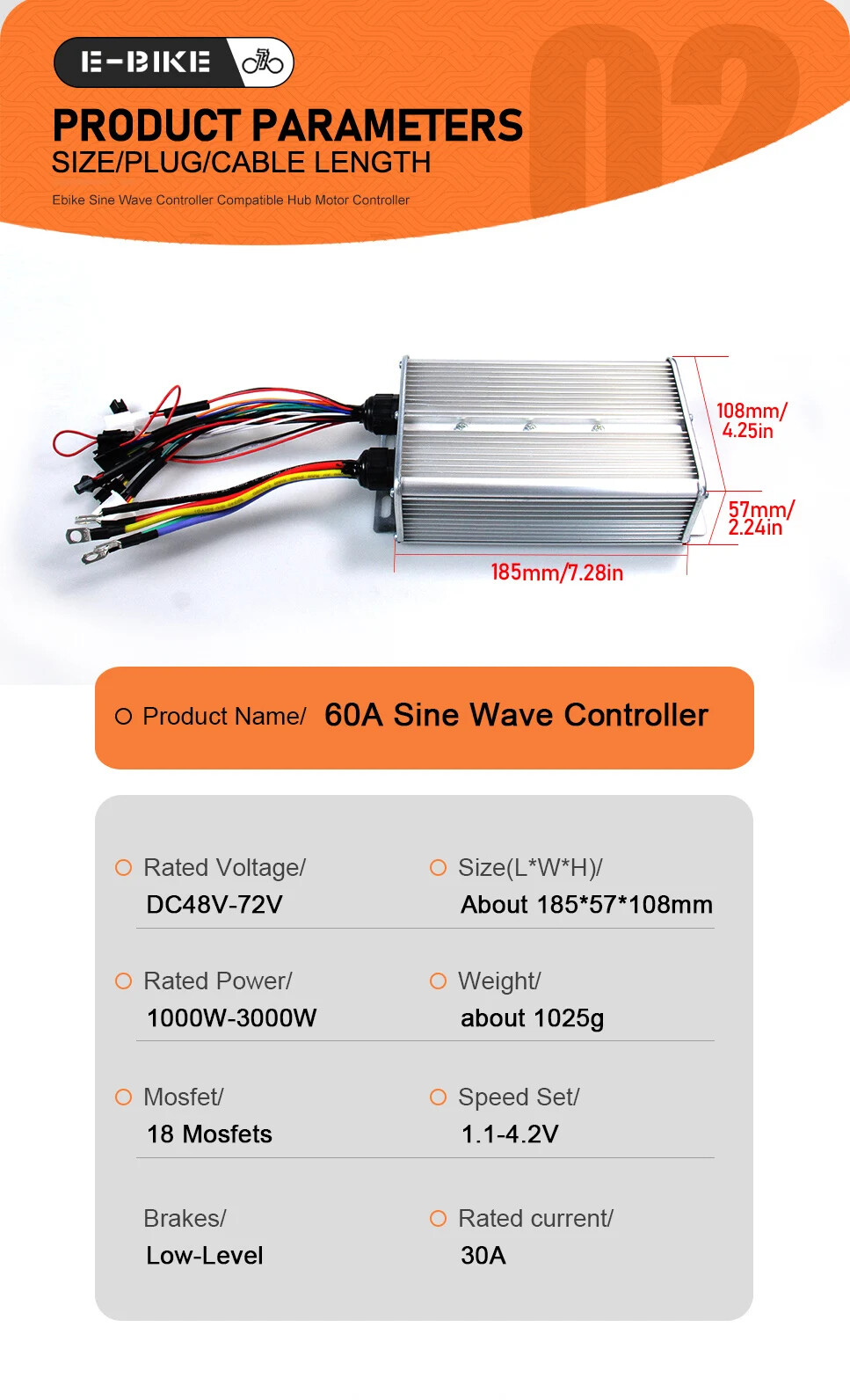 E-bike Controller 48V 52V 60V 72V 60A Sinewave Dual Mode Controller Hub Motor