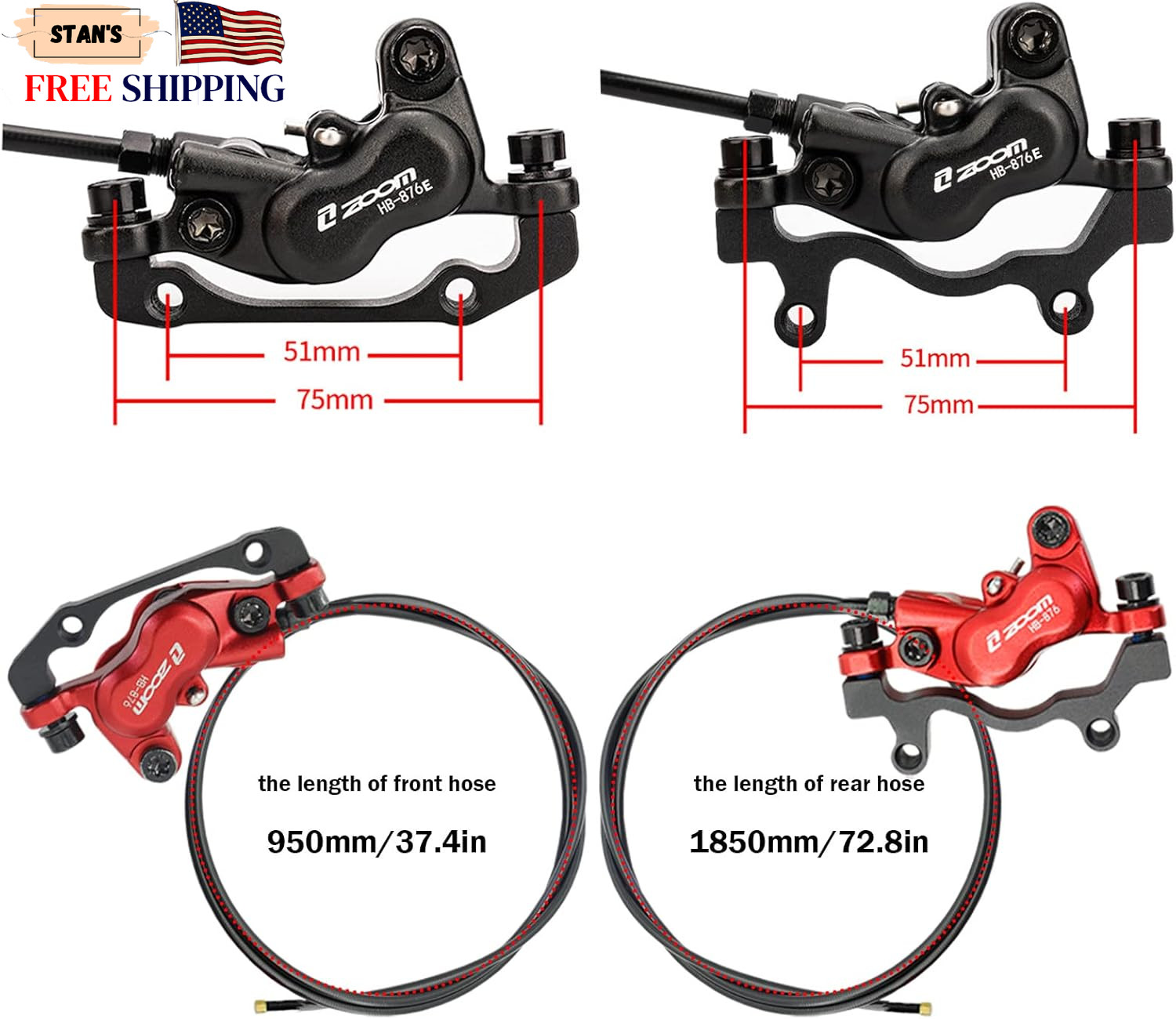 Zoom HB876E 2-PIN/3-PIN 4-Pistons E-Bike Electric Power-Off Hydraulic Brake Set