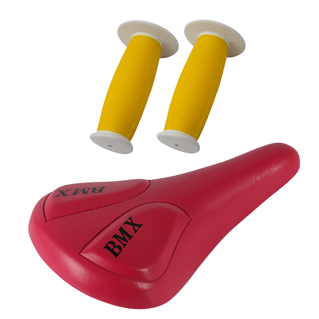 PRO+ Pink BMX Vinyl Saddle & Yellow/White Mushroom Grips BMX BIKE