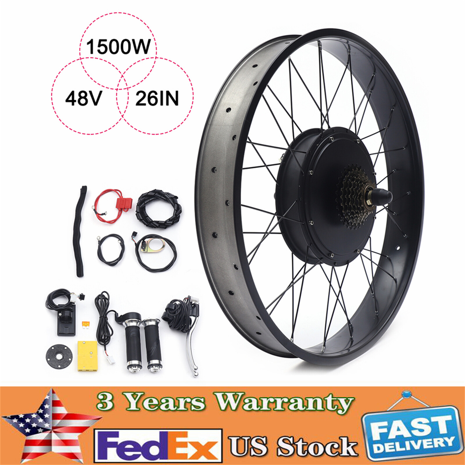 26″ Fat Tire Electric Bicycle Snow Bike Motor Conversion Kit Rear Wheel LCD 48V