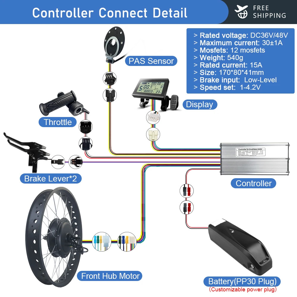 Snow Electric Bicycle Conversion Kit Front Hub Motor 48V 1000W 20 24 26inch