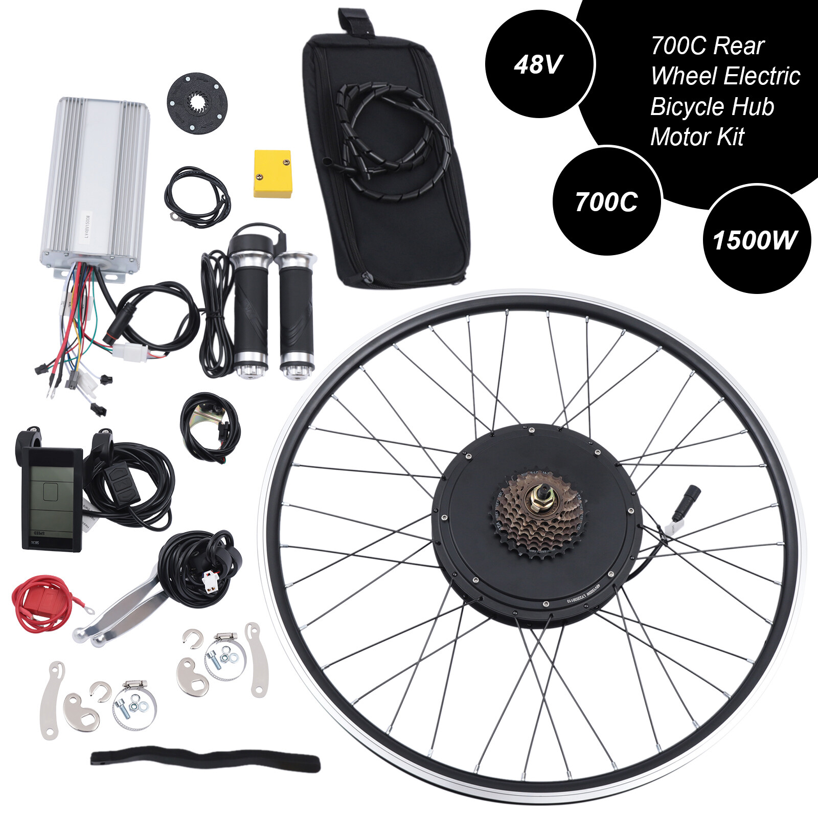 For Electric Bike LCD Display 700C Rear Wheel Hub Motor Conversion Kit 48V 1500W