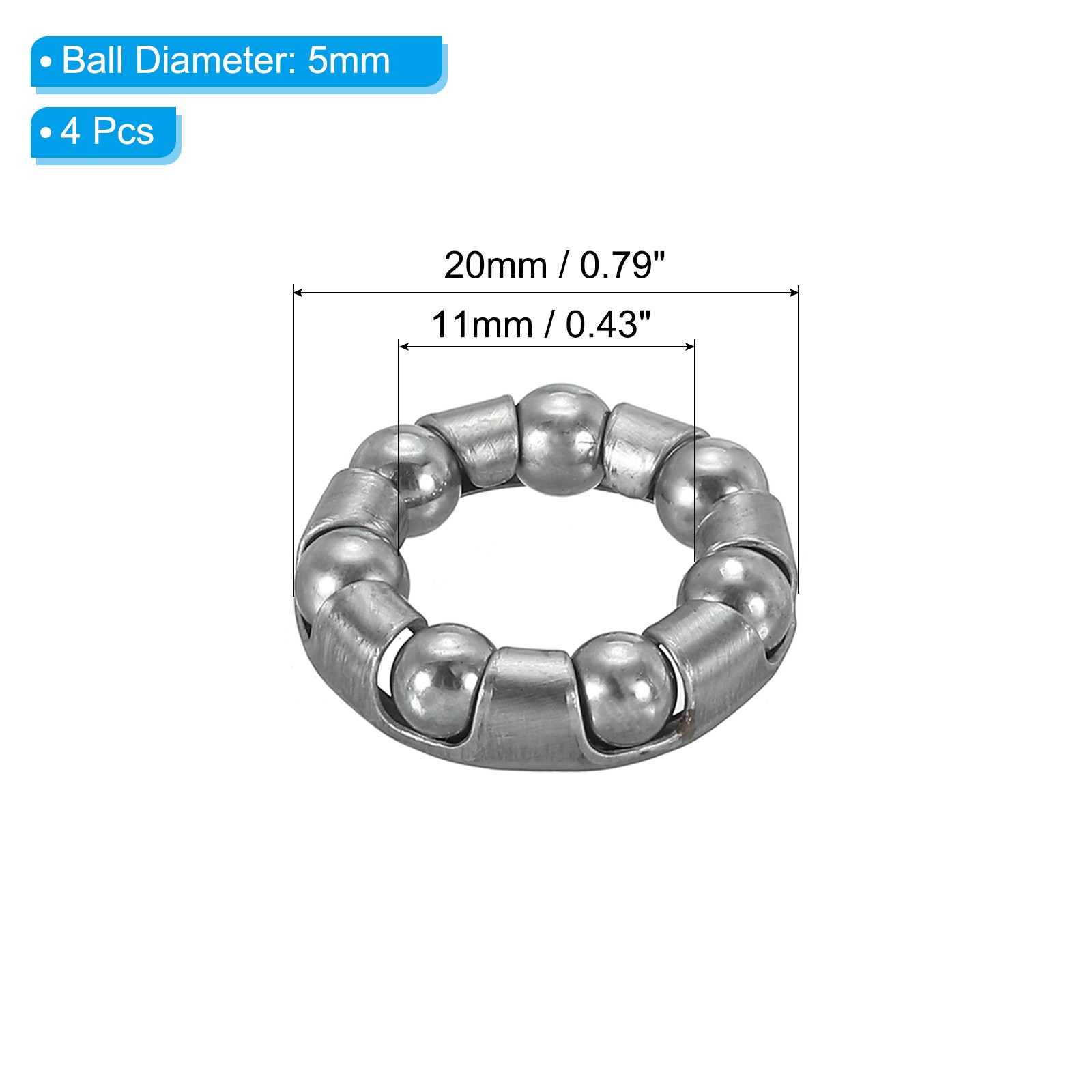 Bike Ball Crank Bearing 20mm x 7 Balls, 4 Pack Bicycle Bearings, Silver