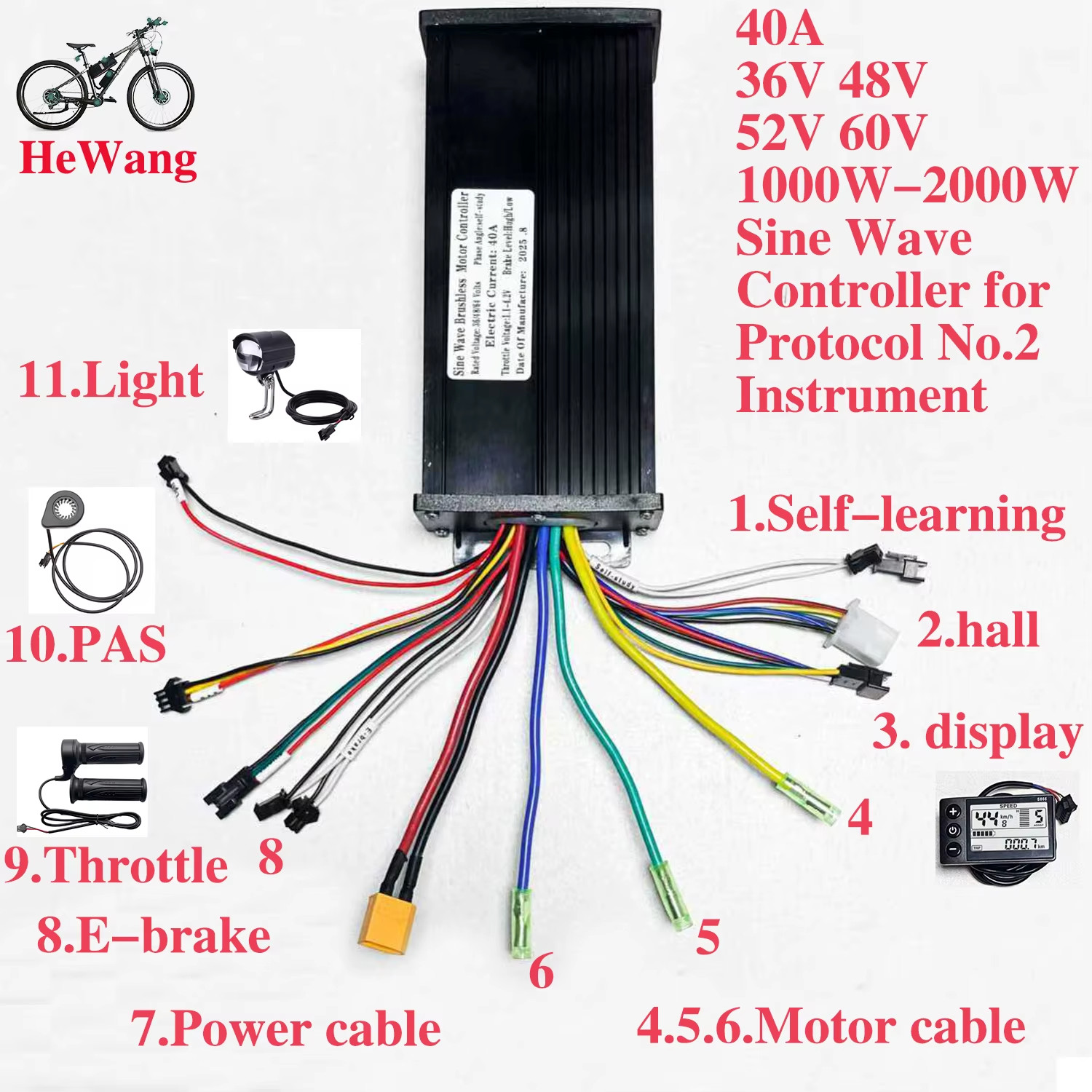 36V 48V 52V 64V 40A 3mode sine wave 1000-2000W brushless motor controller with N