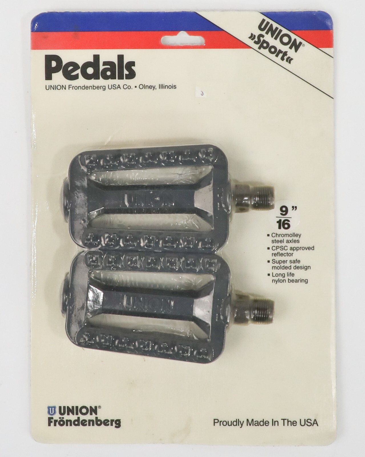 Vintage Union Bicycle Pedals Black Composite Plastic, 9/16″ shaft, NOS