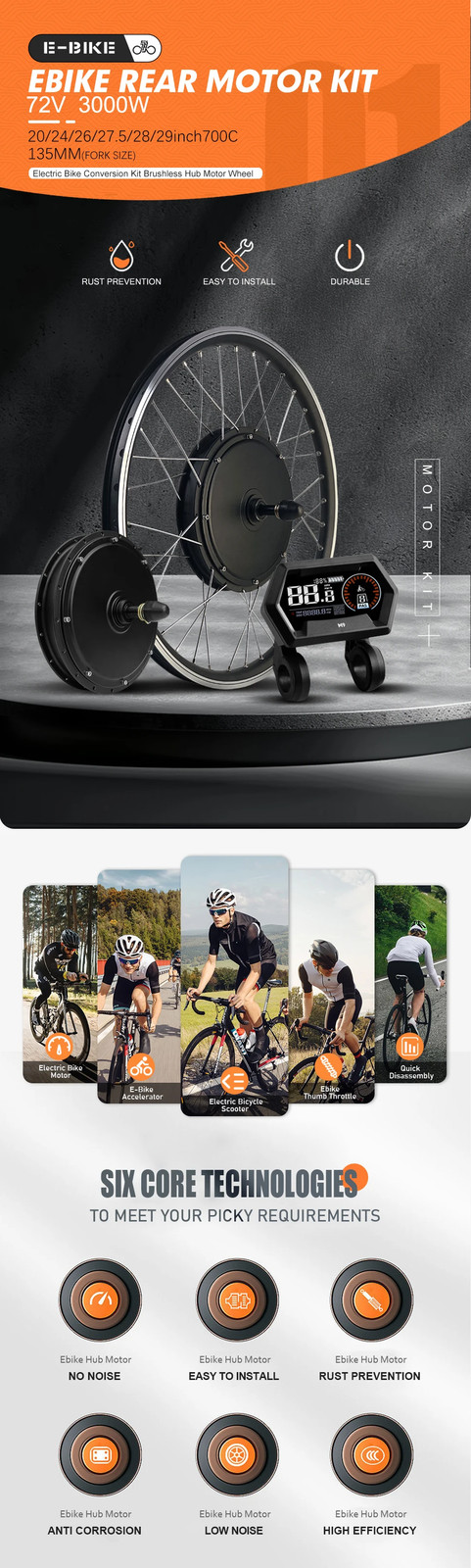 Ebike Bicycle Conversion Kit 72V 3000W Rear Rotate Hub Motor Wheel 20-29In 700C