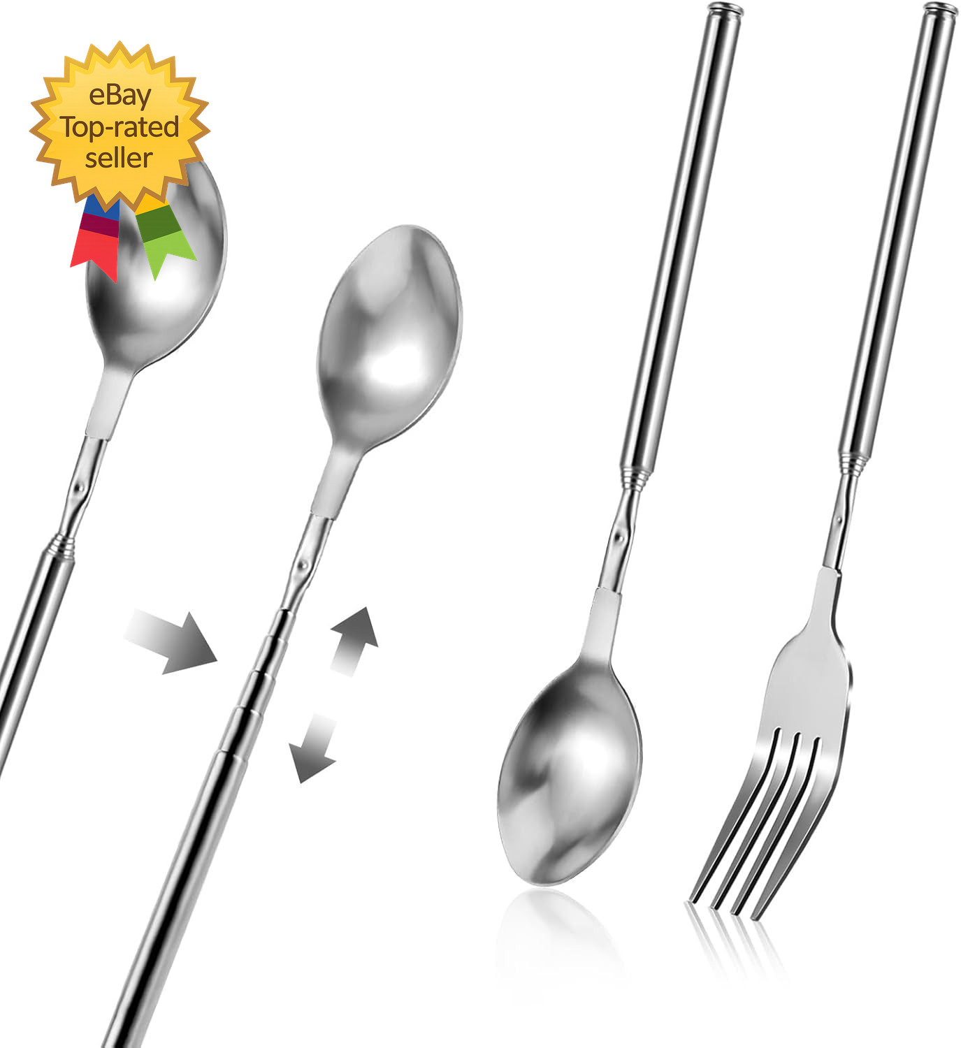 2 Pcs Extendable Fork & Spoon 8.7 to 25.5 Inch Adjustable Telescopic Retractable