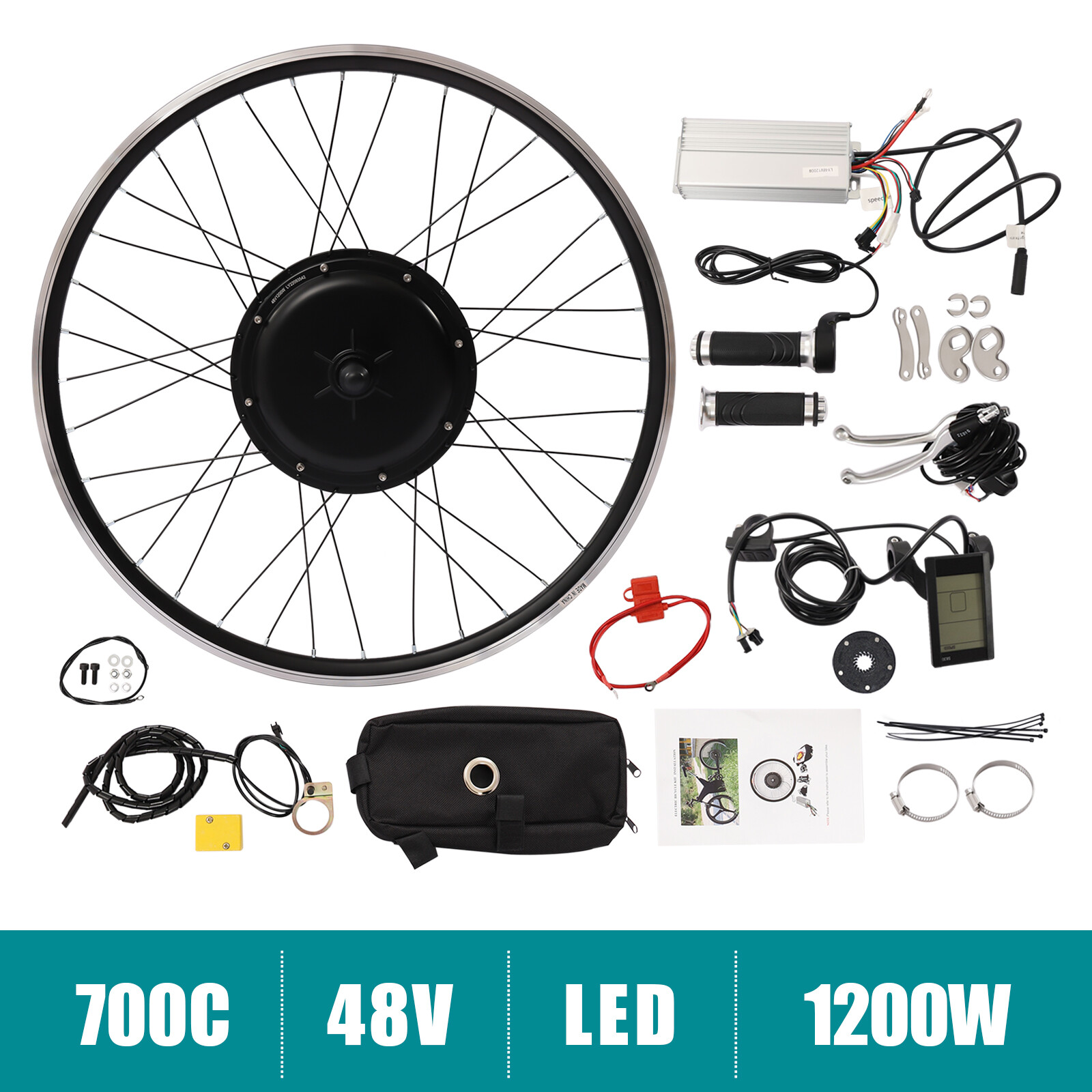 1200W 48V 700c E Bike Motor Hub LCD Front Wheel Electric Bicycle Conversion Kit