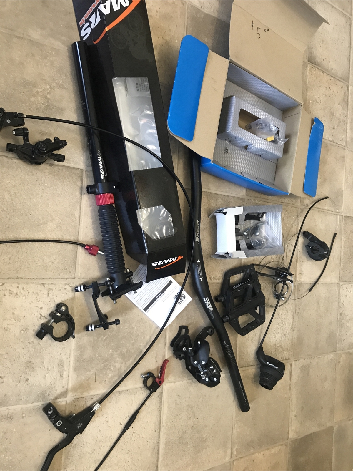 Tmars dropper post, stamp pedals, Shia no tourneytx , mechanical disc brakes lot