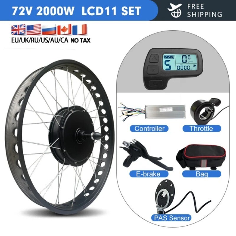 72V 2000W Snow Fat Tire Ebike 20/24/26in Brushless Gearless Rear Hub Motor Wheel