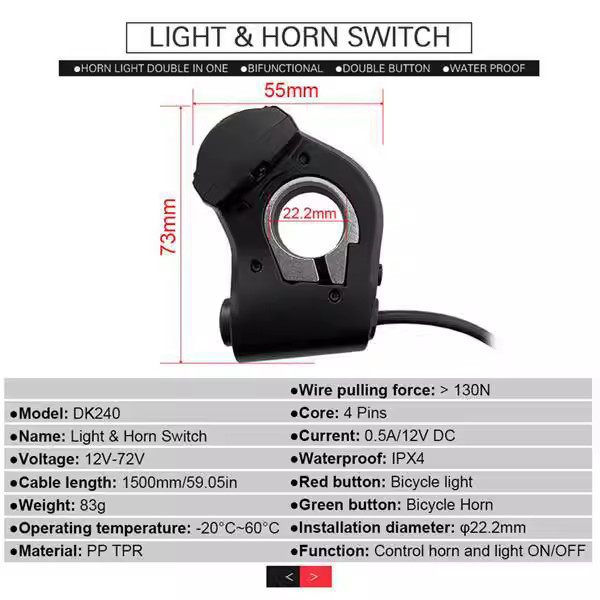 Black Plastic Metal Bike Light Horn Tail Light 3-in-1 QD168 DK240 Switch Kit for
