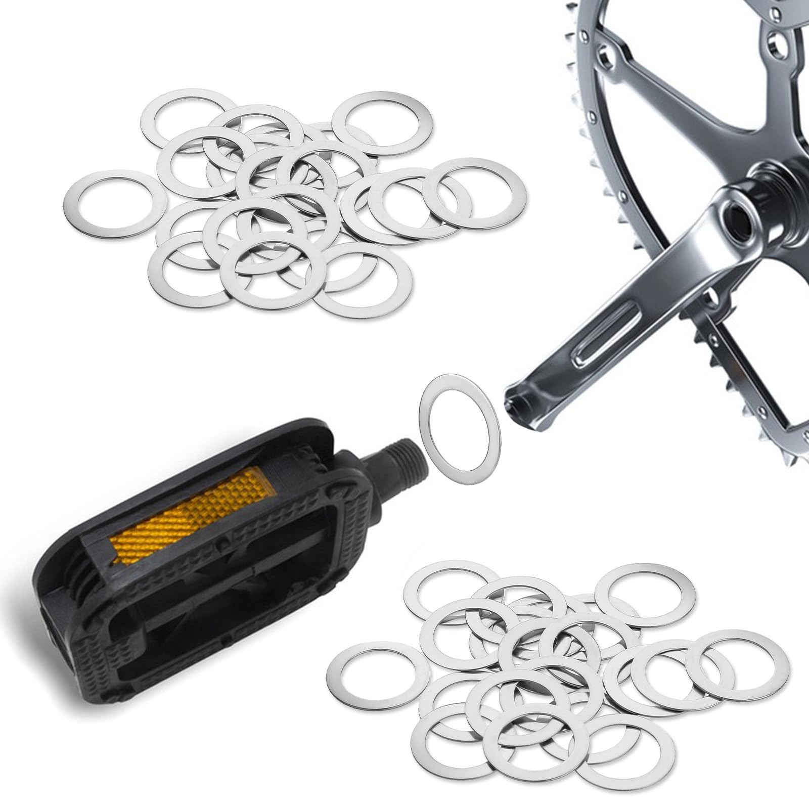 JJUNW 20PCS Pedal Washers Spacers, 9/16” Road Bike 0.59inch×0.79inch, Silver