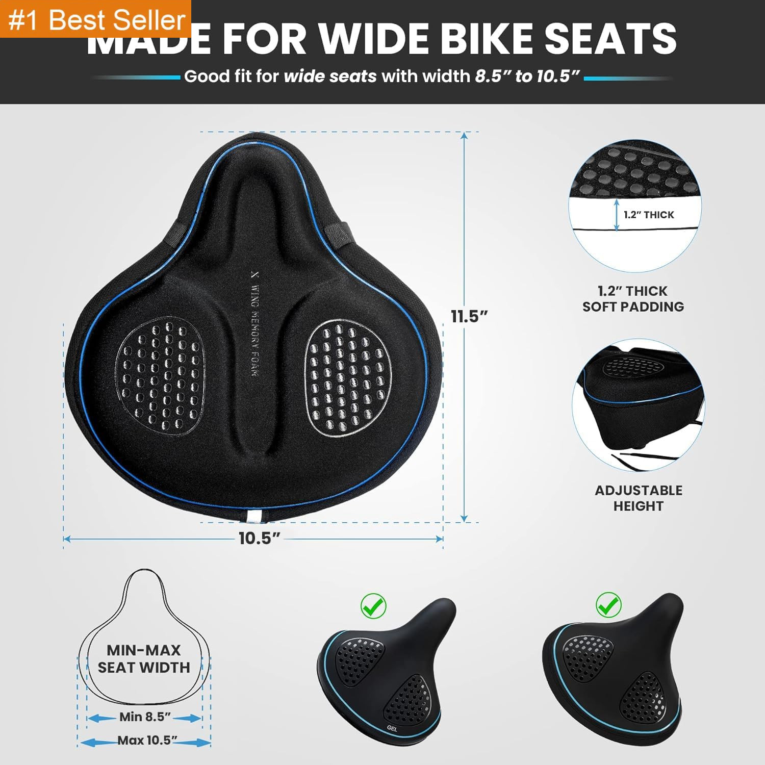 Bike Seat Cover Padded with Memory Foam, Bicycle Saddle Soft for Men Women, Comf