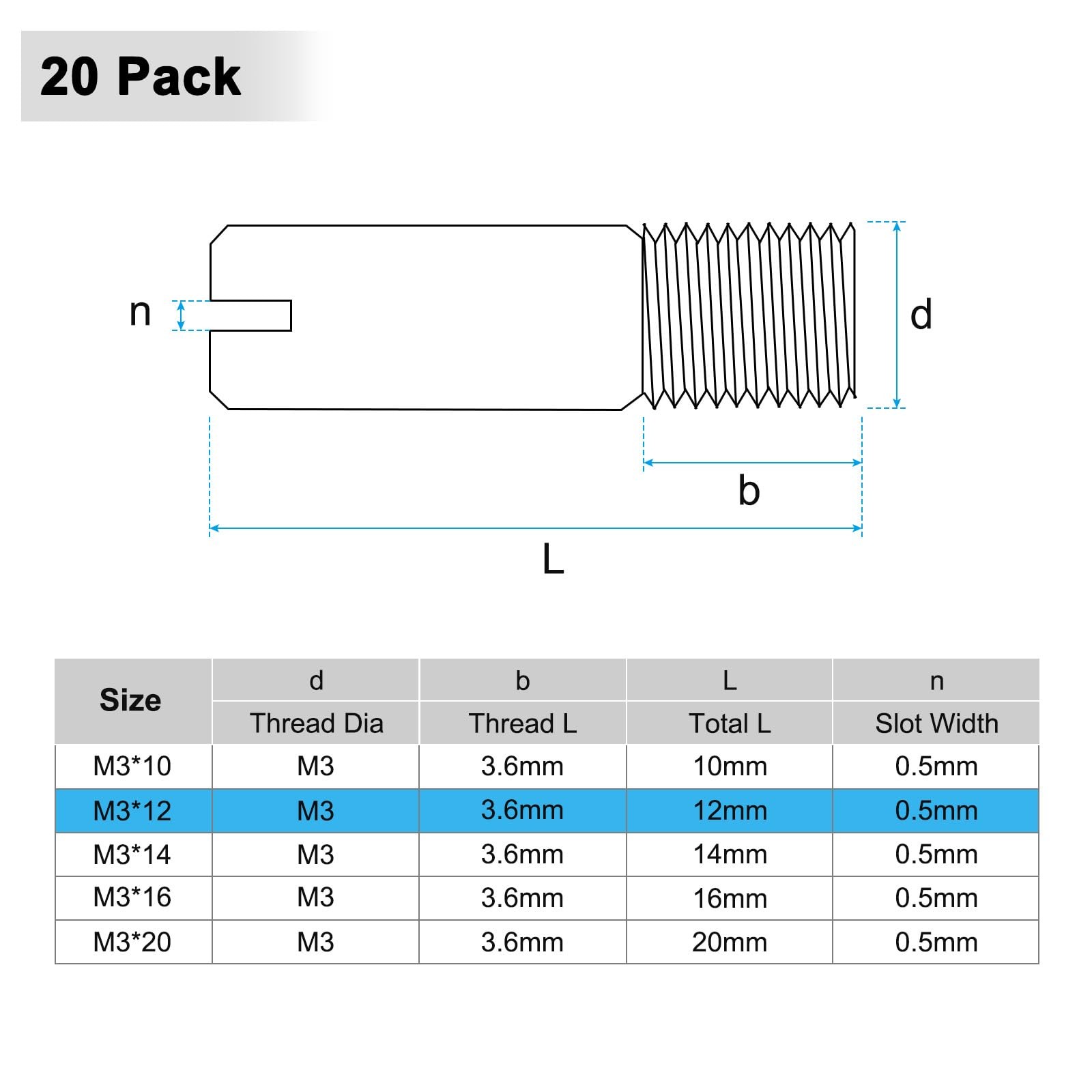 M METERXITY 20-Pack M3 x 12mm Slotted Cylindrical Pin Dowel, 304 x