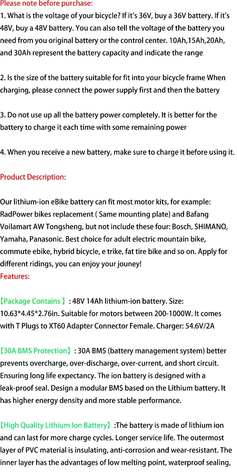 Ebike Battery 48V 14Ah Lithium ion Battery for 200W-1000W Electric Bicycle