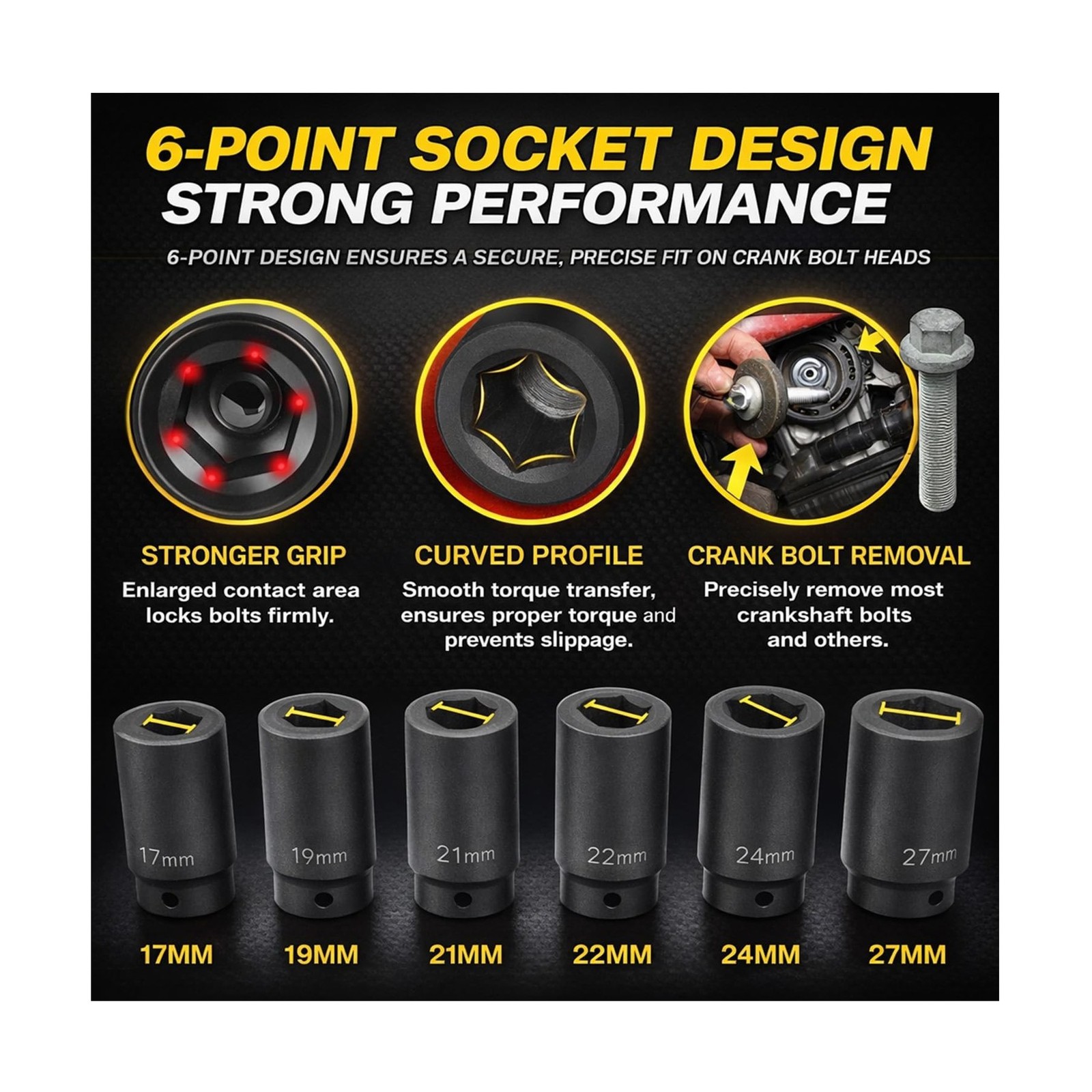 1/2’’ Drive Weighted Crank Bolt Socket Set, 17MM, 19MM, 21MM, 2… F