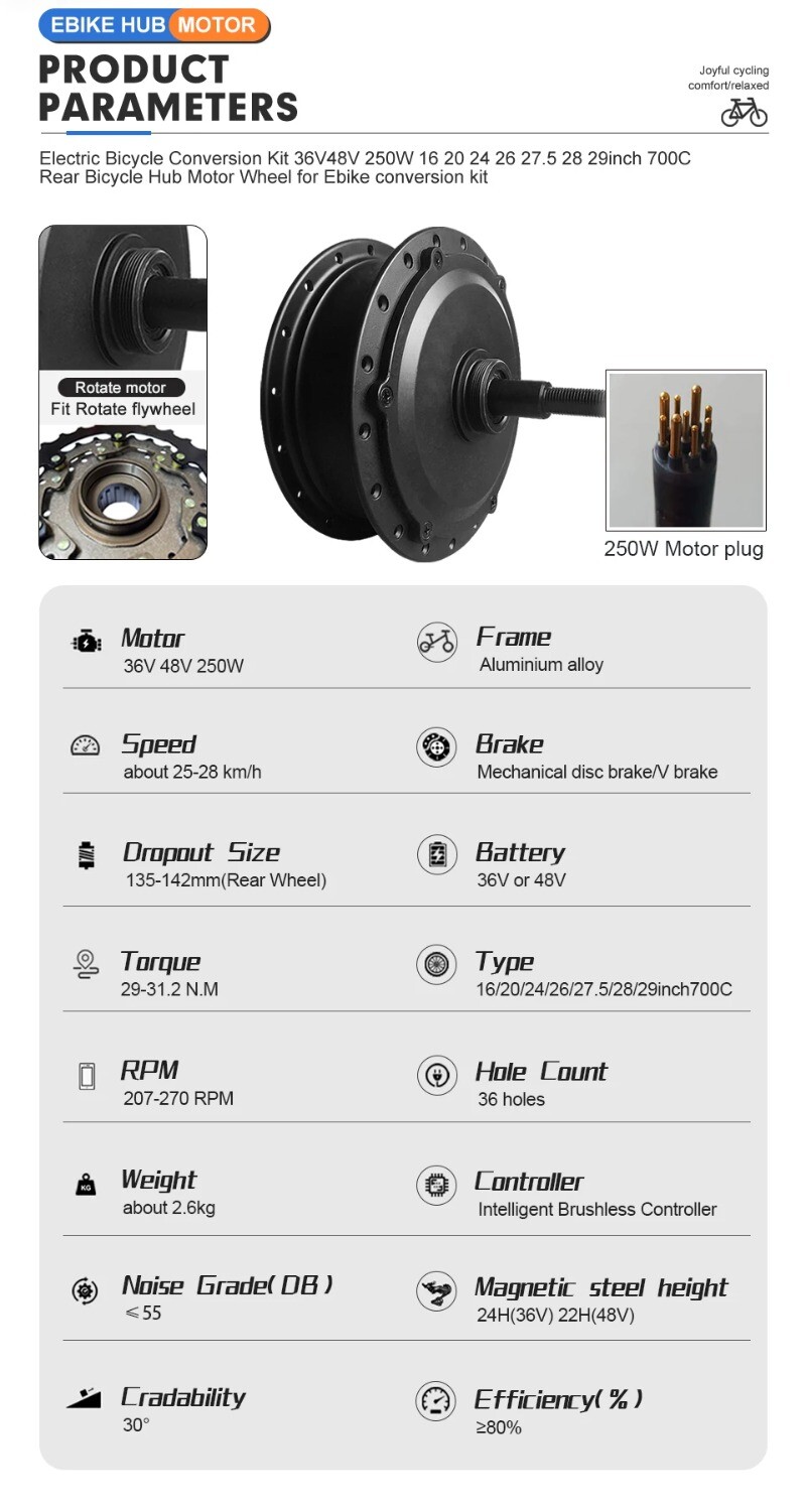 36V 48V 250W Mountain Ebike Conversion Kit Brushless Gear Rear Hub Motor Wheel