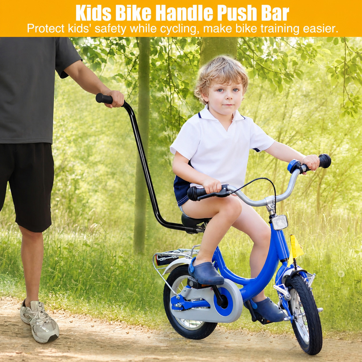 Kids Bike Parent Push Handle Bar Training Assist Handle 17″ Height Black