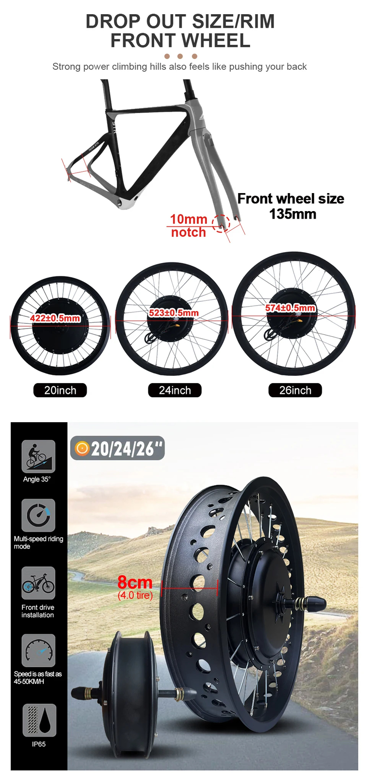 20/24/26inch E-bike Fat Tire Conversion Kit 48V 1500W Front Wheel Conversion Kit