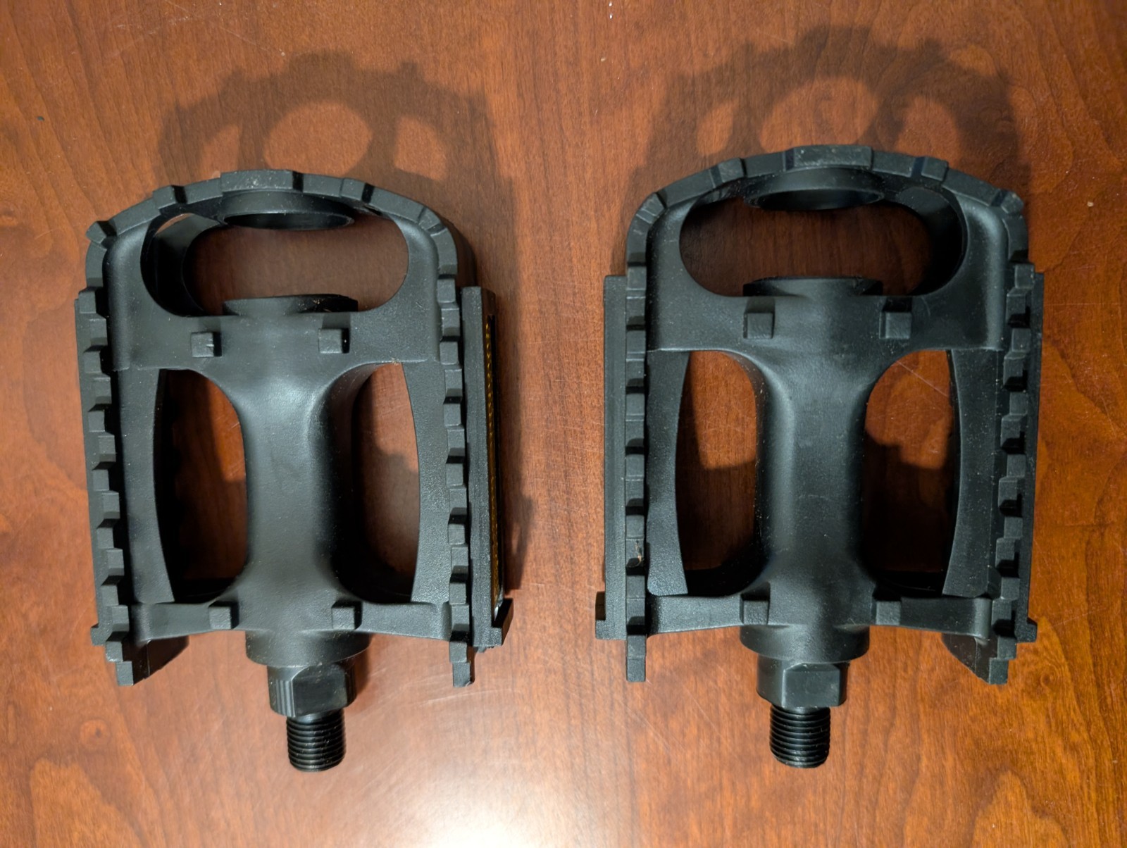 Black Plastic Platform Bicycle Pedals Pair w/ Yellow Reflectors