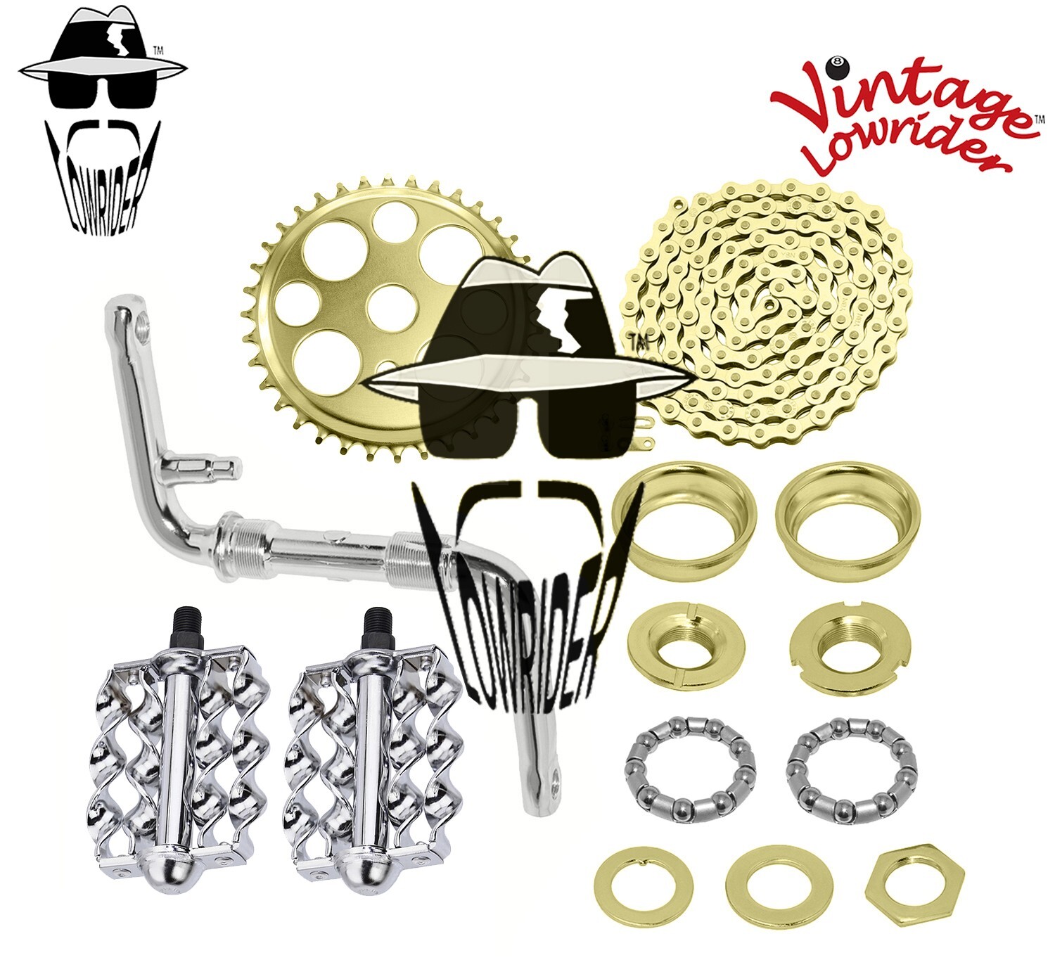 Vtg LOWRIDER – Regular CRANK PKG – Lucky 7 Double Flat Twisted Pedal Chrome/Gold