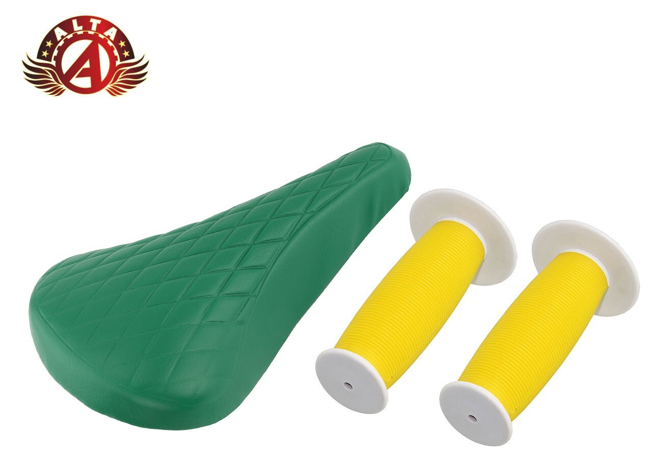 ALTA Green Diamond Saddle & Yellow/White Mushroom Grips BMX BIKES.