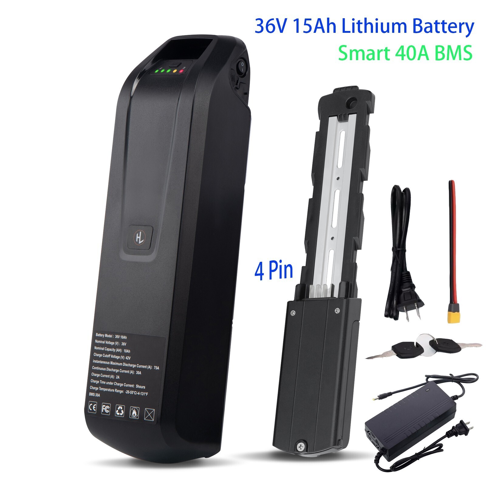 36V 15Ah Hailong Lithium Battery 40A BMS 4Pin for 200W-1500W Ebike Electric Bike