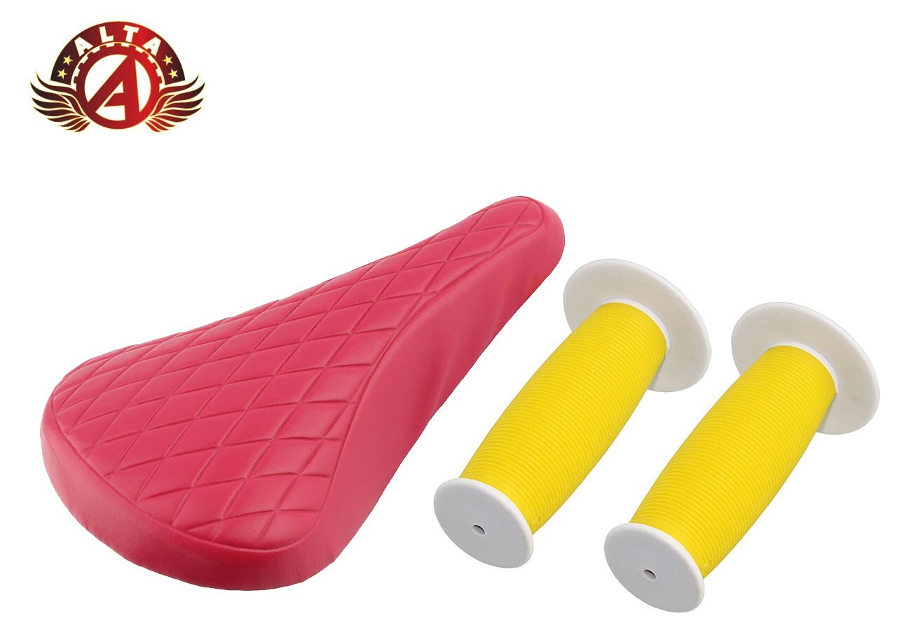 ALTA Pink Diamond Saddle & Yellow/White Mushroom Grips BMX BIKES.