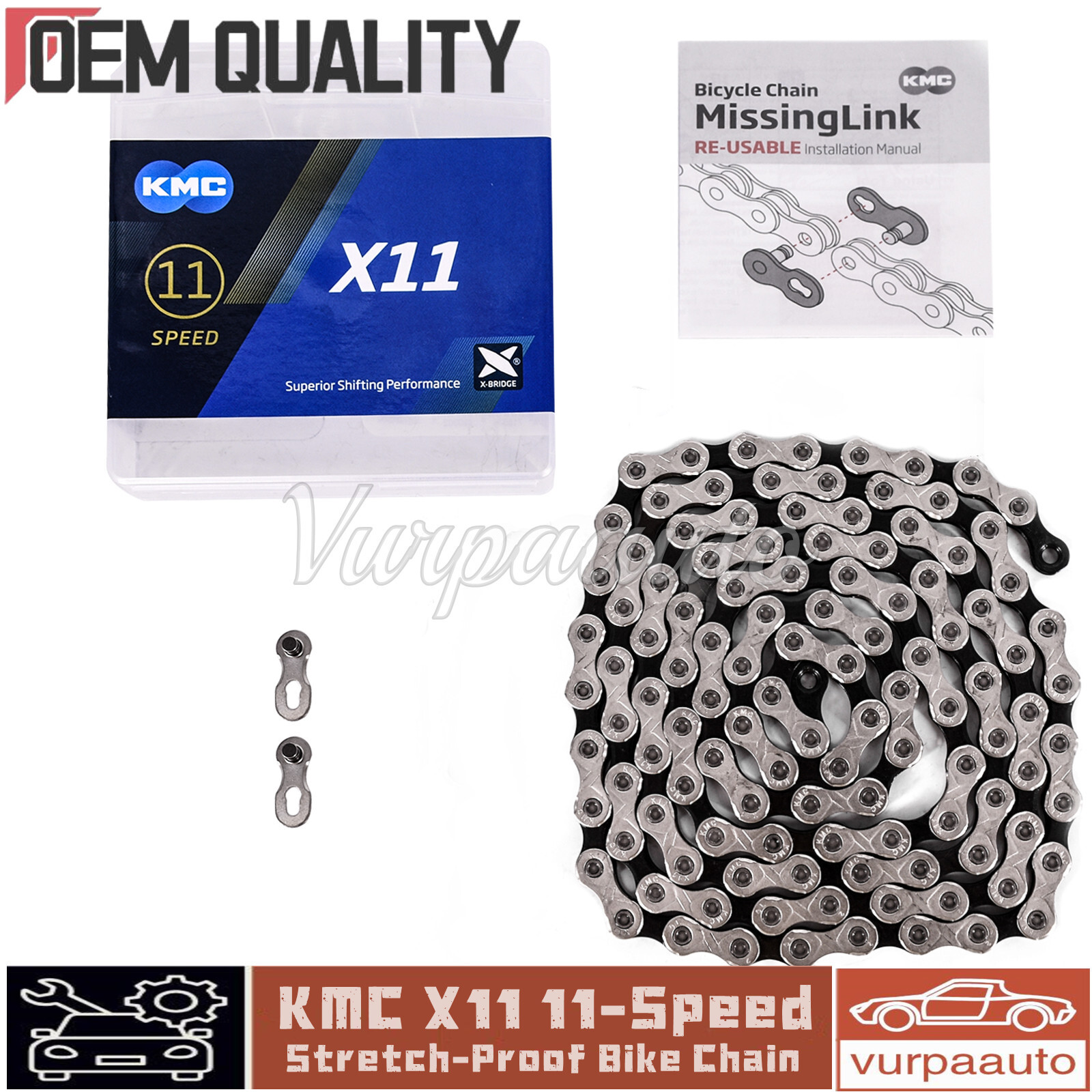 KMC X11 11-Speed Stretch-Proof Silver / Black Bike Chain 118L For SRAM Shimano