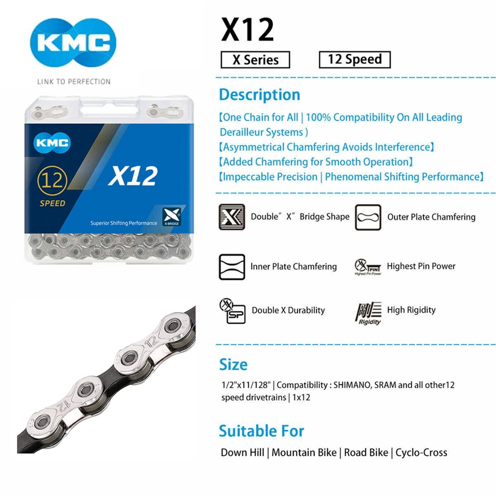 KMC 12-Speed Bike Chain 126L 1/2”×11/128” Quick Link For MTB Road Gravel Shimano