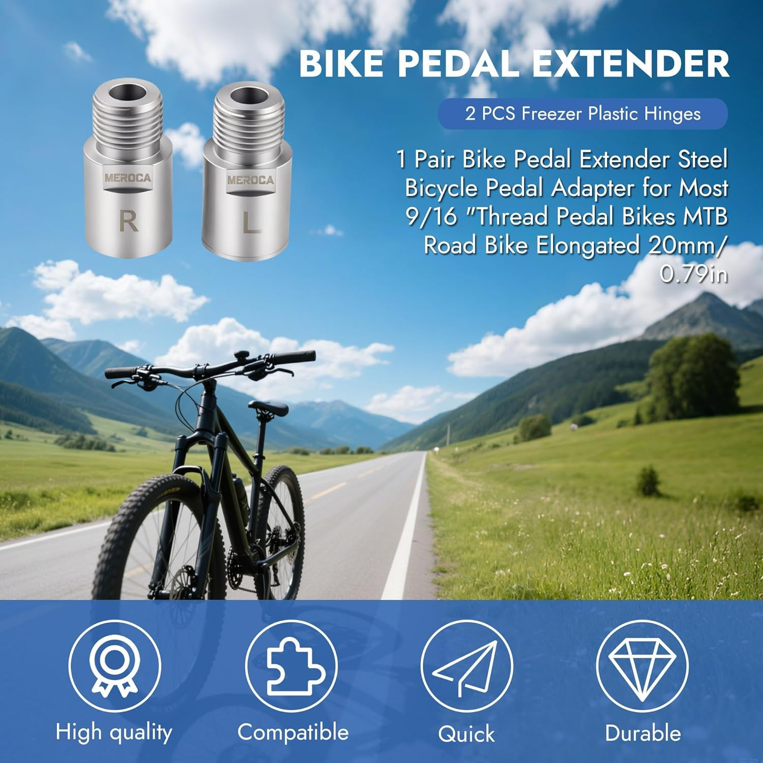 Heavy-Duty Steel Bike Pedal Extenders, 20mm Extension Spacers (1 Pair, Silver)