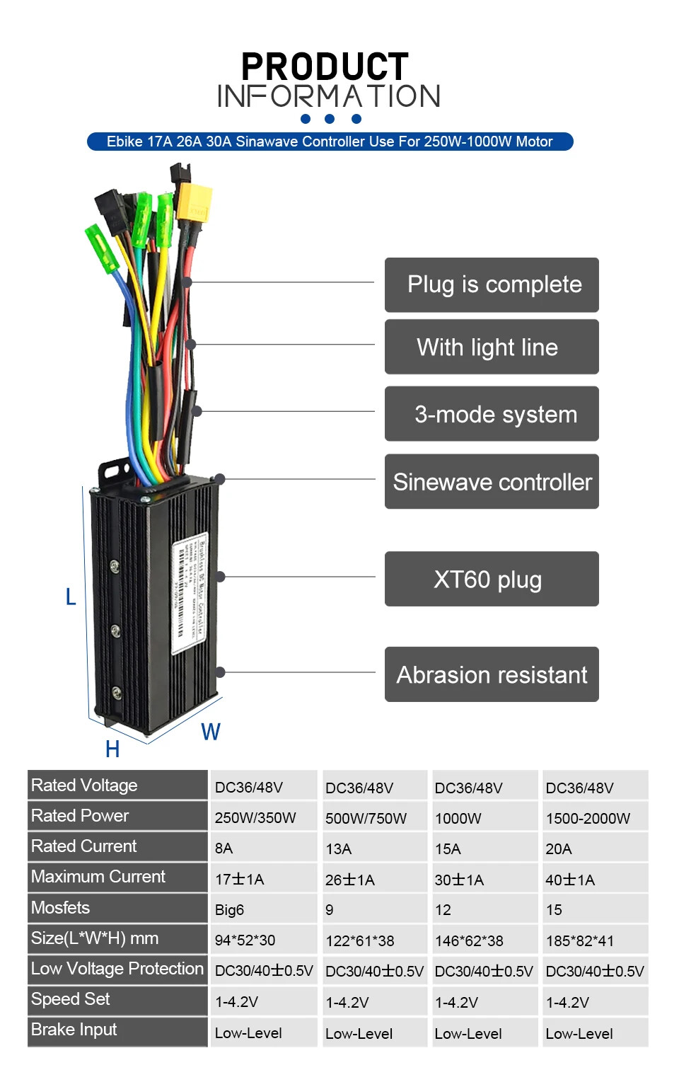 Three-Mode E-bike Sine Wave Controller 36V 48V 17/26/30/40A with LCD Display
