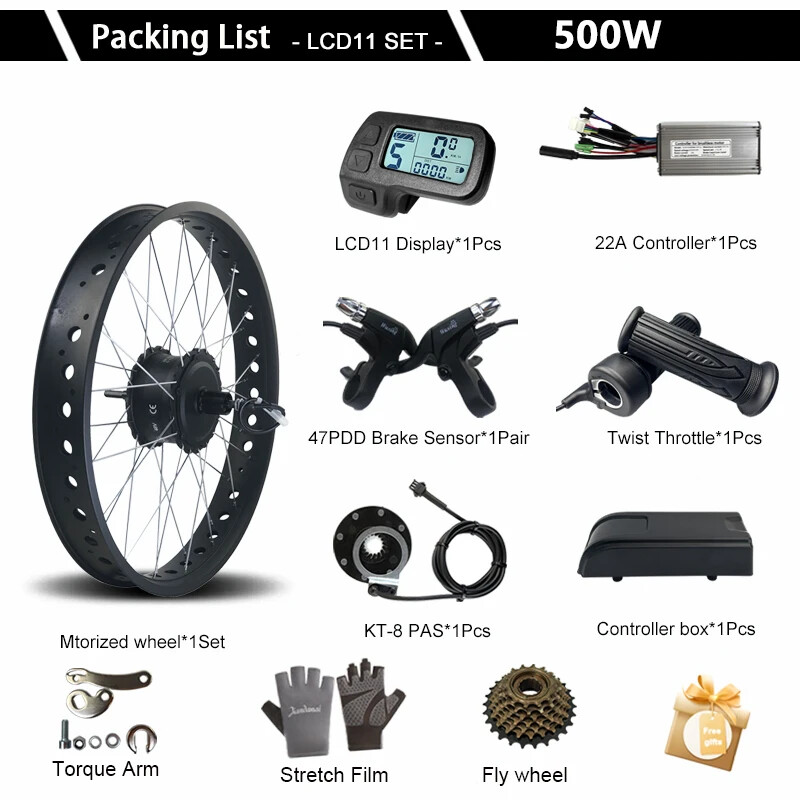 20 24 26inch 500W Snow Fat E-bike Conversion Kit 36 48V Rear Cassette Hub Motor
