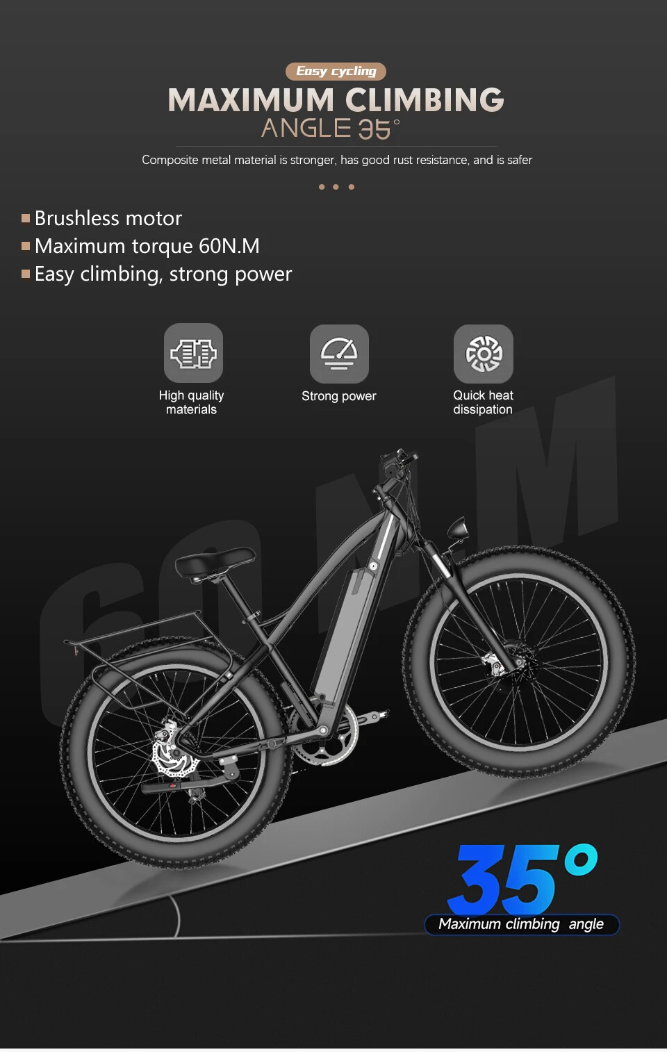 48V 750W Snow E-bike Fat Tire Rear Rotate Hub Motor Dropout 170-175mm 20/24/26in