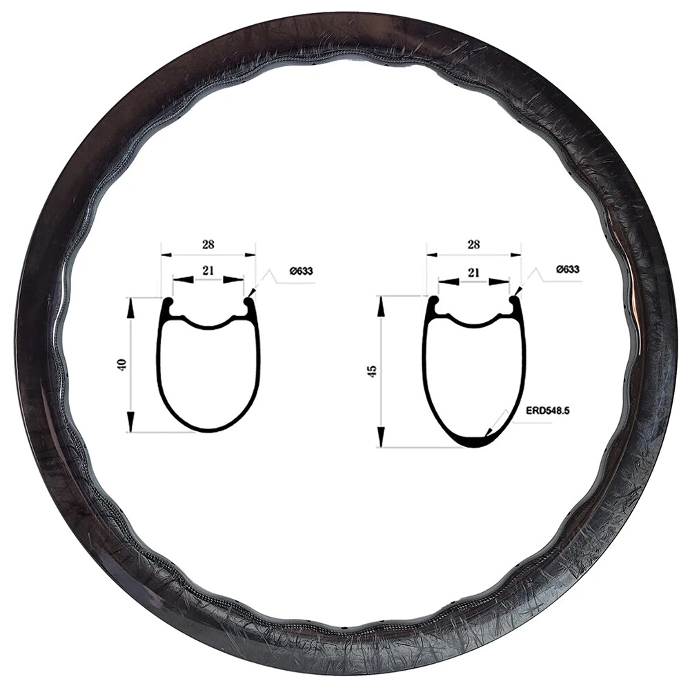 700c Carbon Wave Rims for Road Bicycle 40/45mm Deep Tubeless Glossy 24 Holes