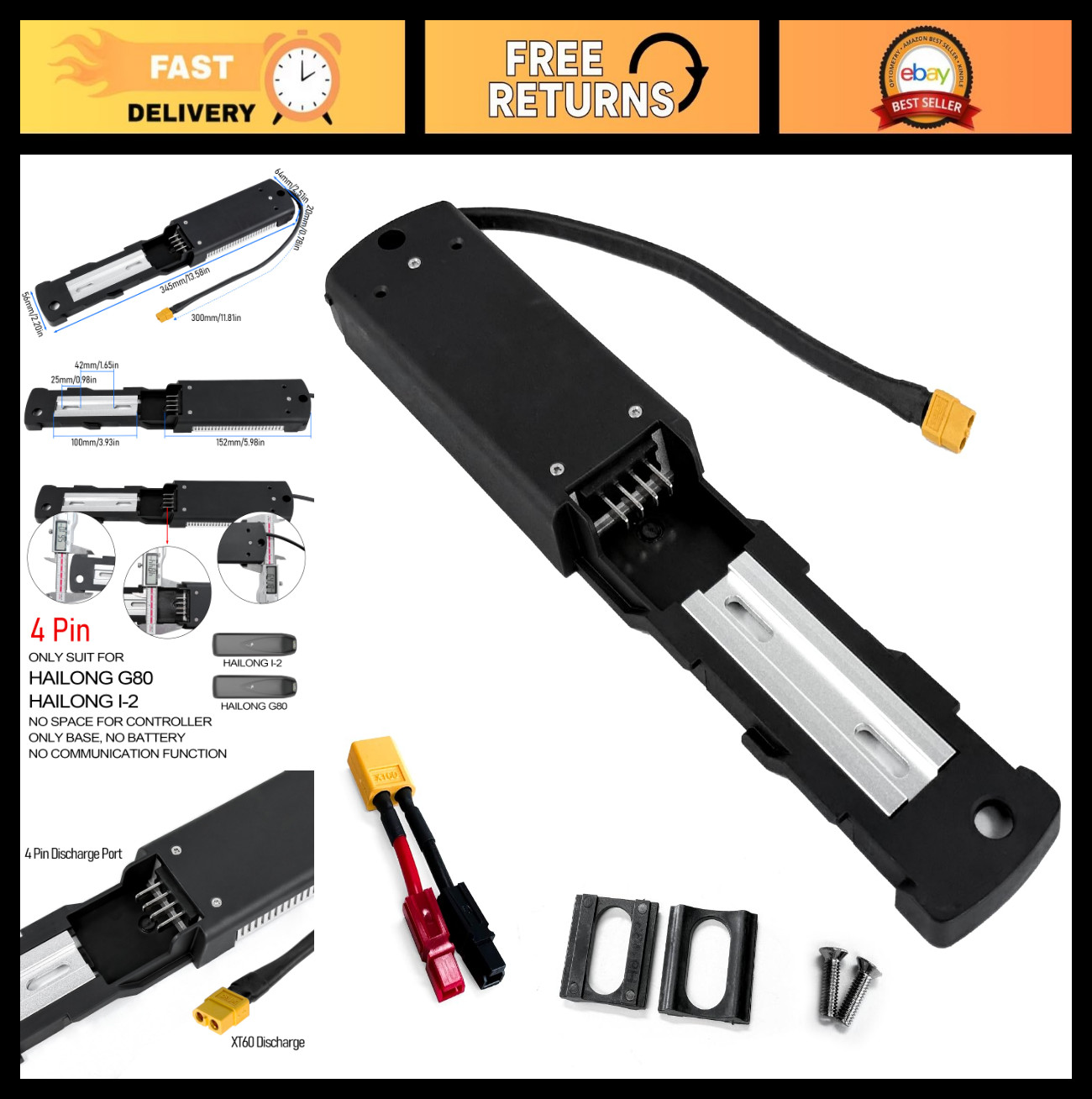Ebike Battery Mounting Plate Replacement for 4pin Electric Bike, XT60 & Anderson