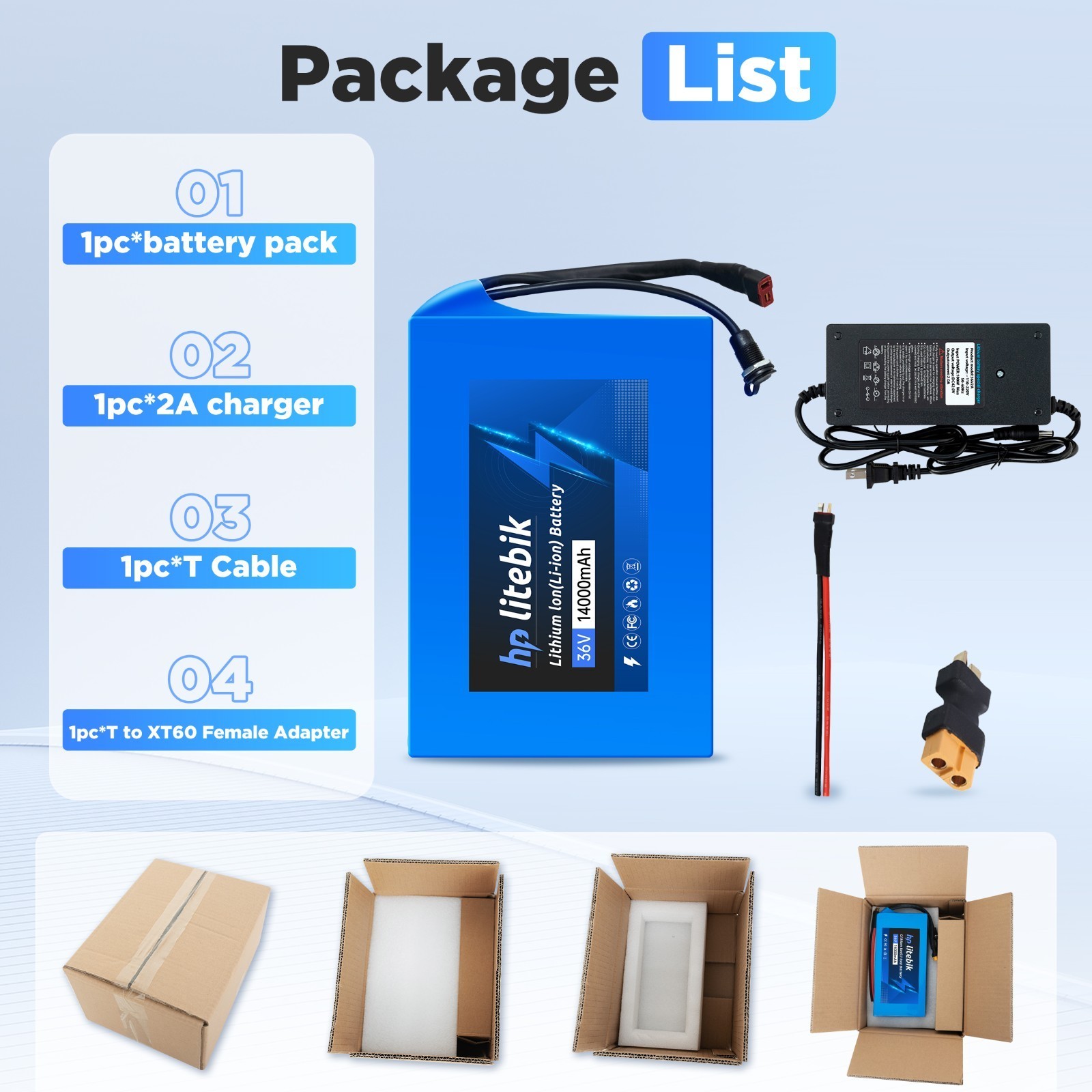 36V eBike Lithium Battery 36V 14Ah For Electric Bicycle 100W-1000W Motor 30A BMS