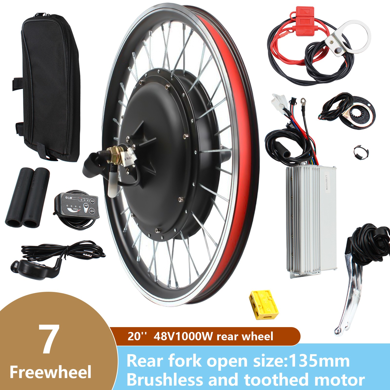 20″ 1000W 48V eBike Conversion Kit Rear Wheel Hub Motor Electric Bike 440RPM