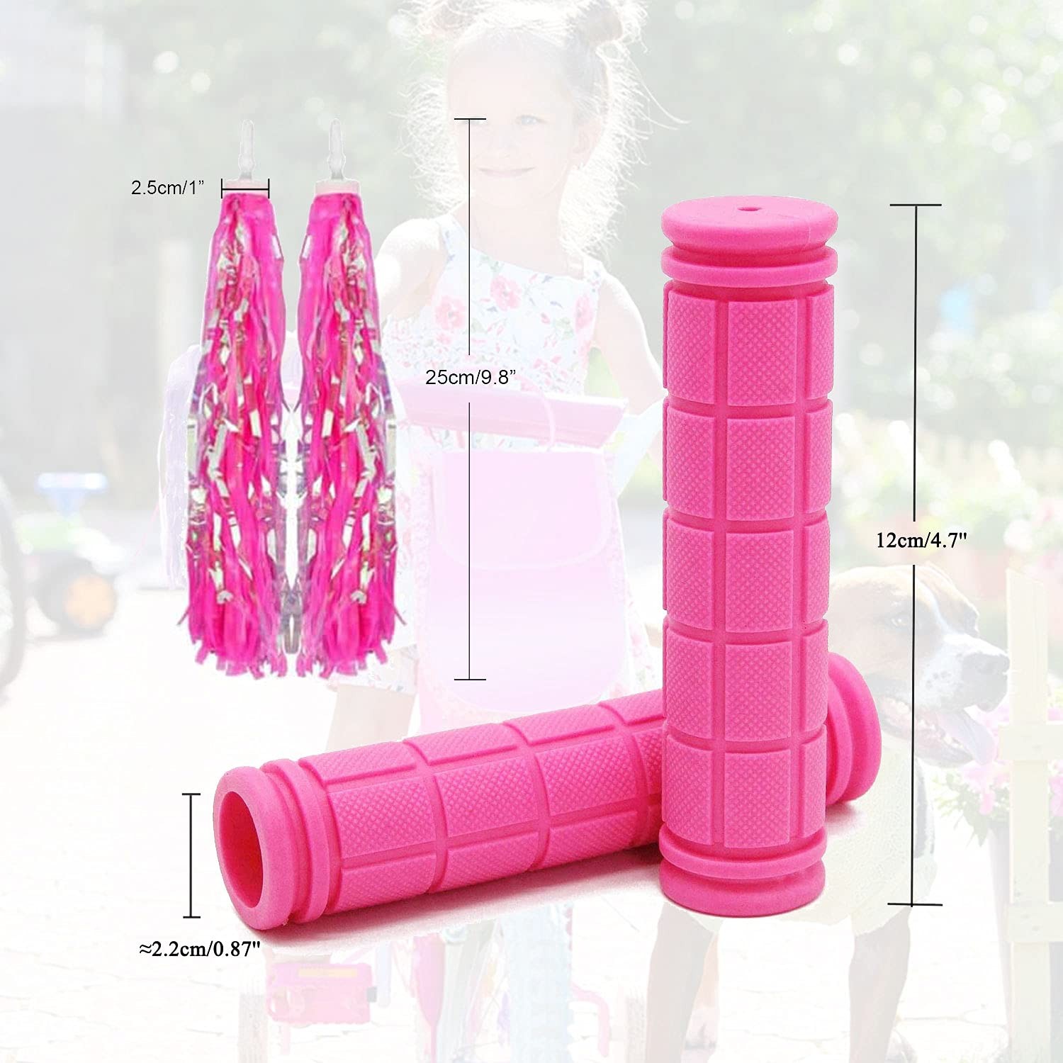 Bike Handle Grips with Tassel Streamers 4.7 inches x 0.87″, Pink &