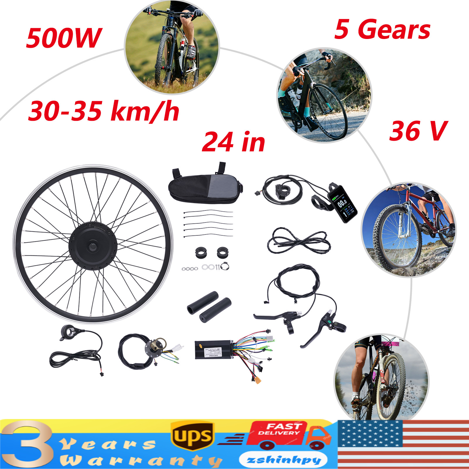 24″ 36V 500W Front Wheel E-Bike Conversion Kit Hub Motor Bicycle Motor Kit LCD
