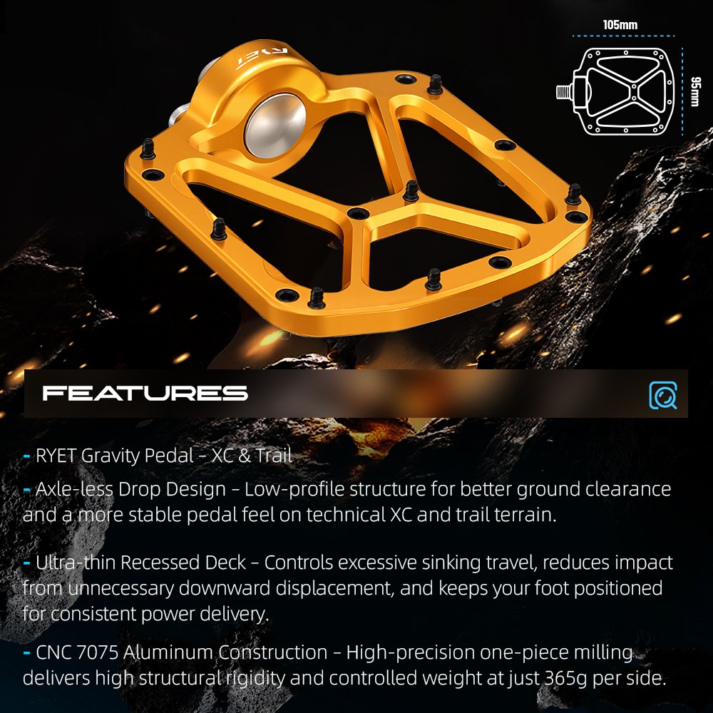 RYET CNC Machined Pedals 365g 7075 Aluminum DU Bearings Flat MTB Road Bike