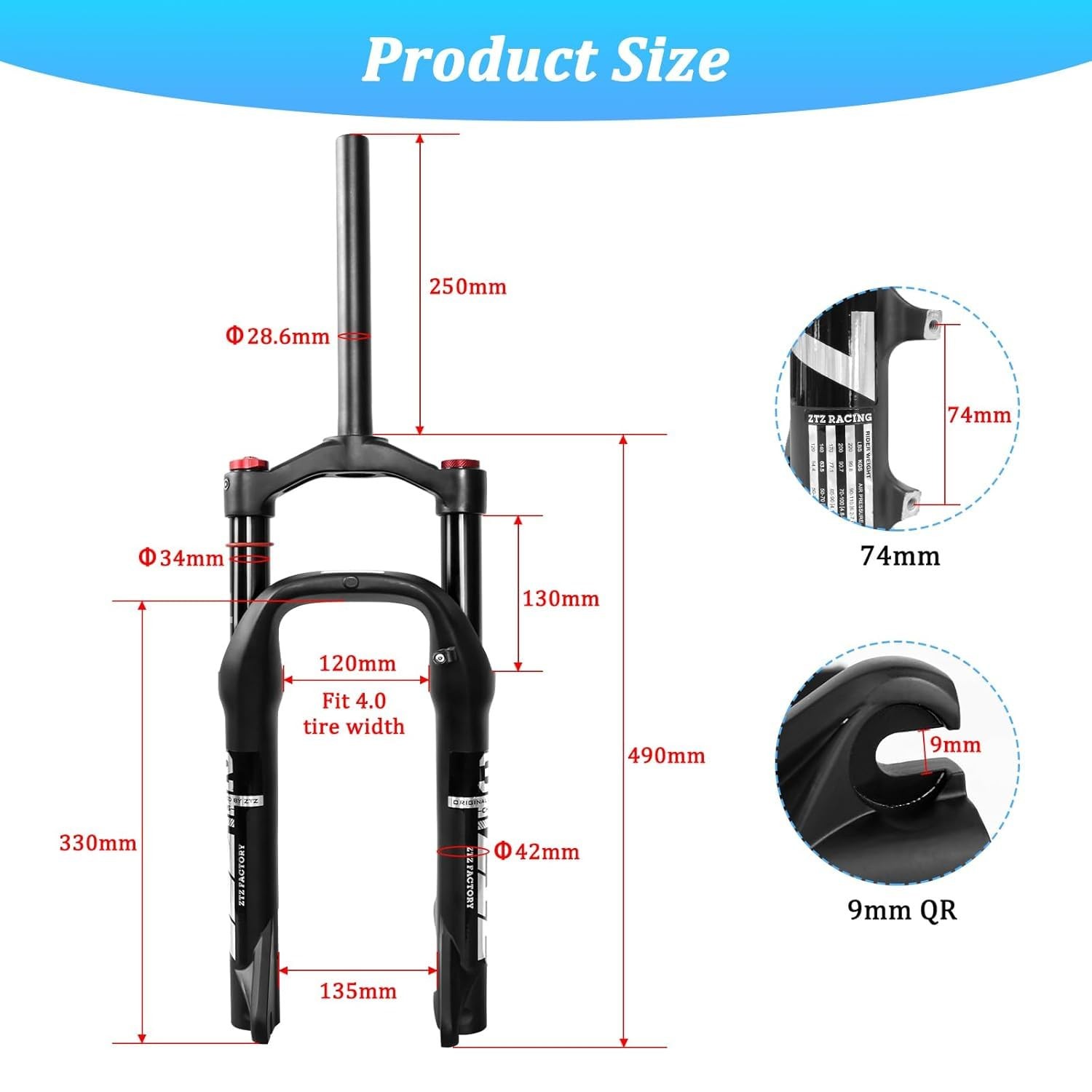 ZTZ 20 * 4.0 inch Fat Air Suspension Fork – 130mm Travel, 135mm Spacing Hub, 9mm