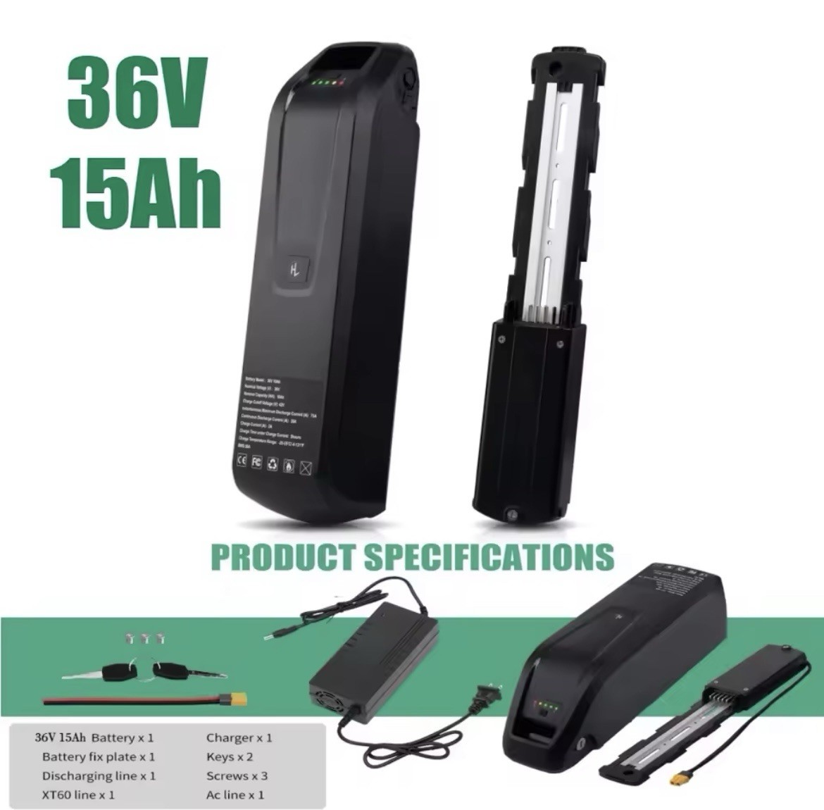 Hailong 36V 15Ah Ebike Battery, Compatible With 500, 750, 1000 Watt Bikes