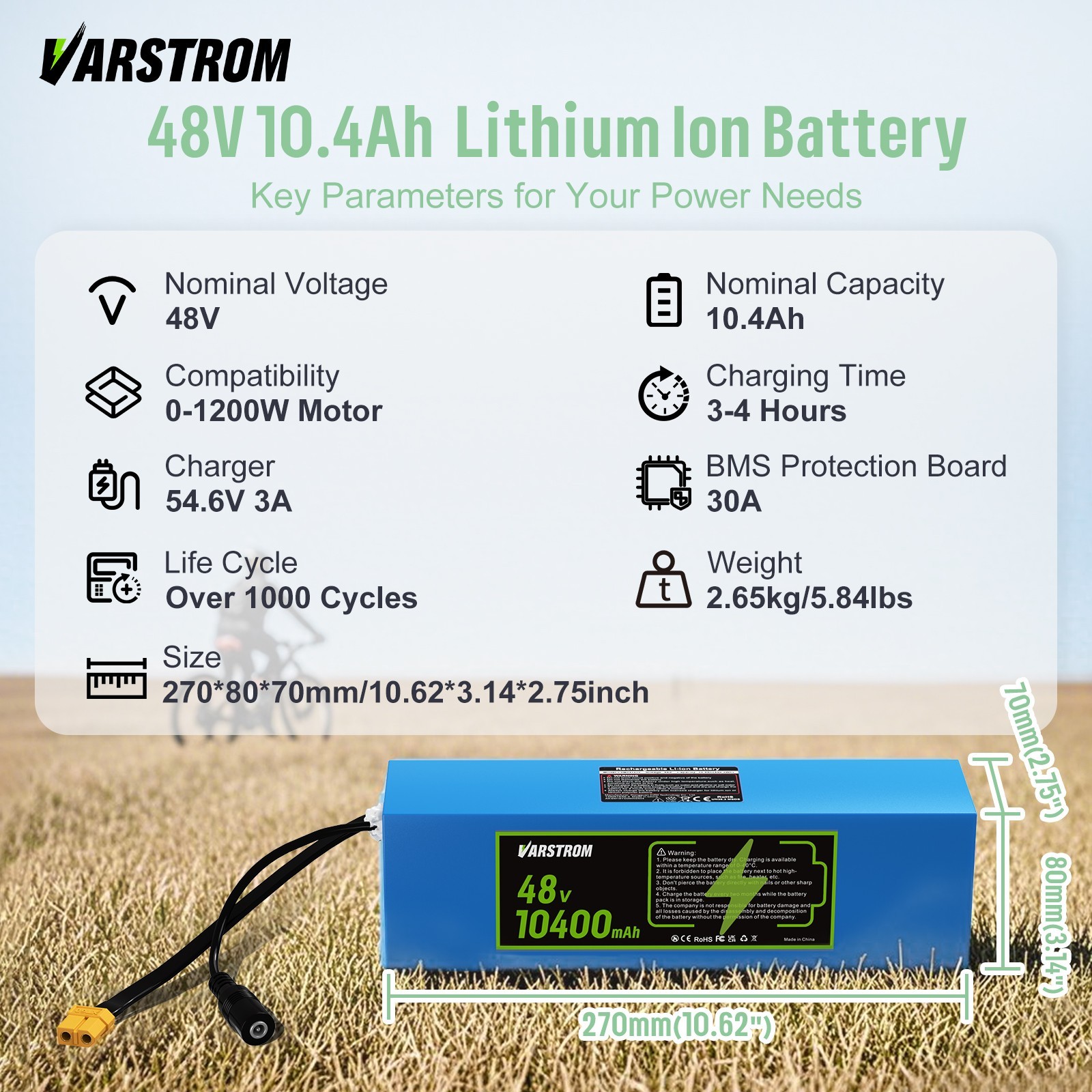 48V 10Ah Lithium-ion Ebike Battery, Rechargeable for Scooter 48V250W-1000W Motor