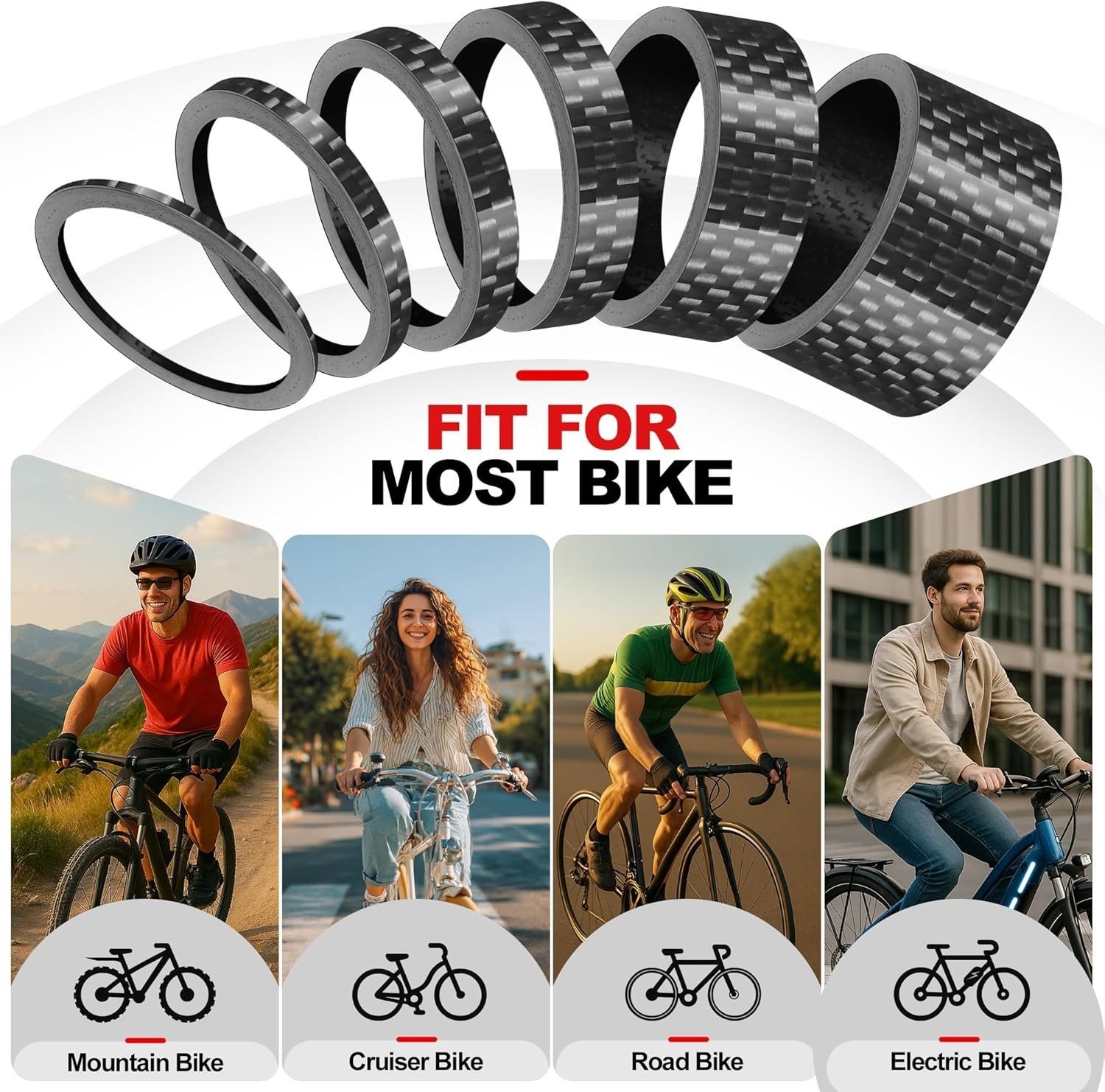 Carbon Fiber Bike Headset Spacers, 1 1/8 Inch, 12 Pack, 6 Sizes, Lightweight