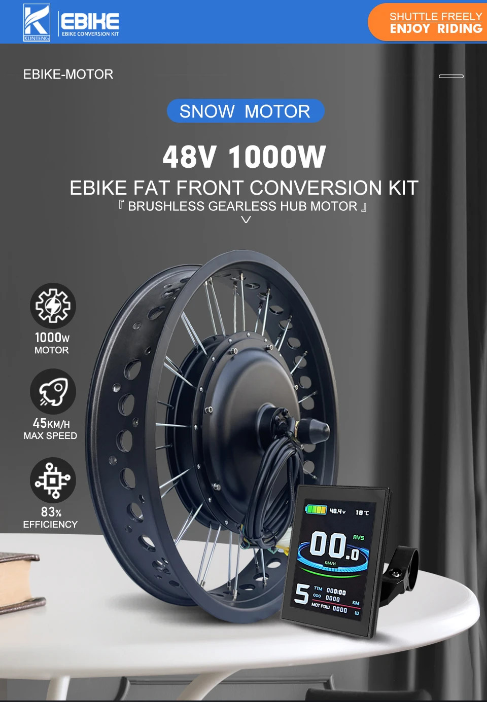 Snow Electric Bicycle Conversion Kit Front Hub Motor 48V 1000W 20 24 26inch