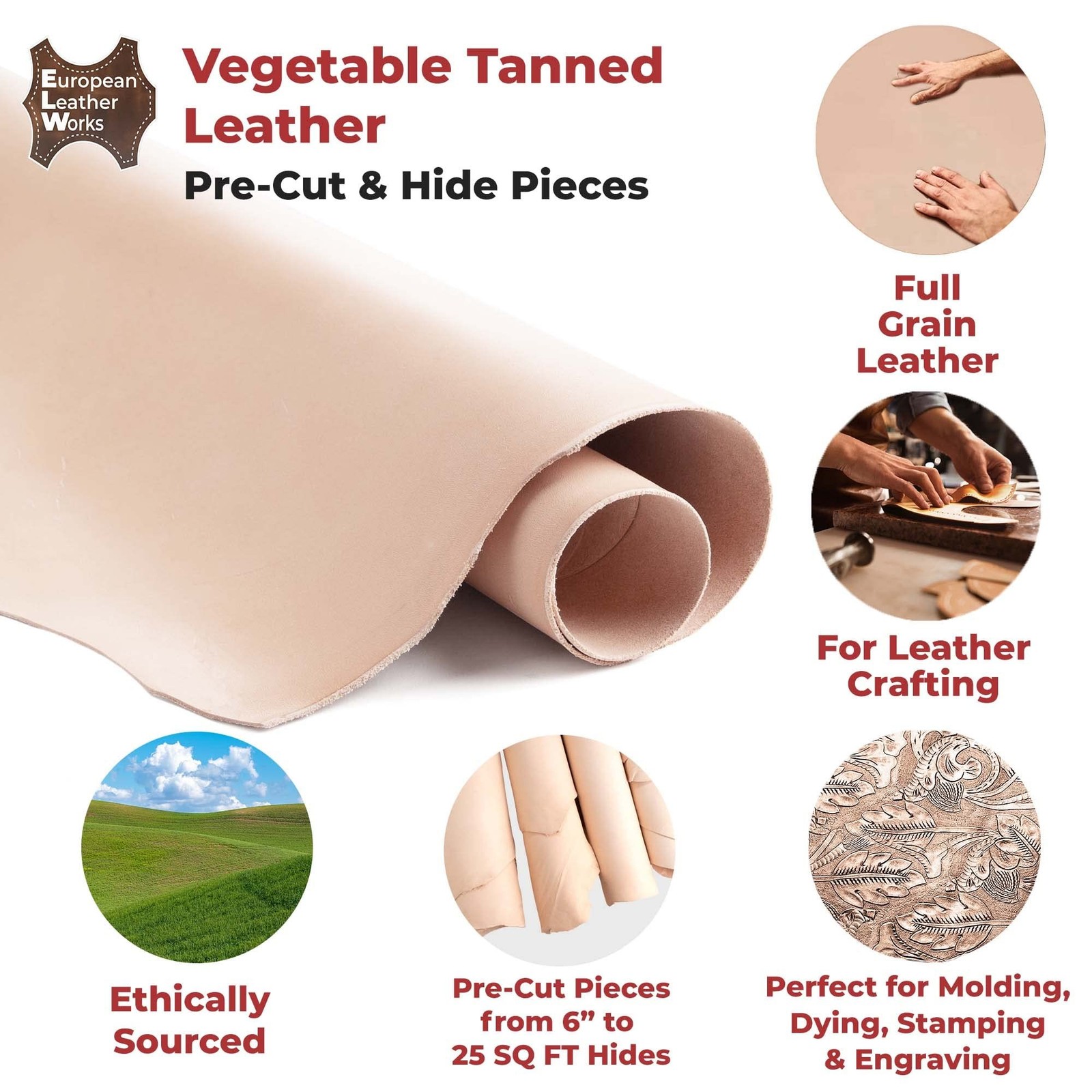 ELW 9-10 oz (3.6-4mm) Thickness Weight Pre-Cut 4-6 SQ FT Vegetable Tanned Lea…